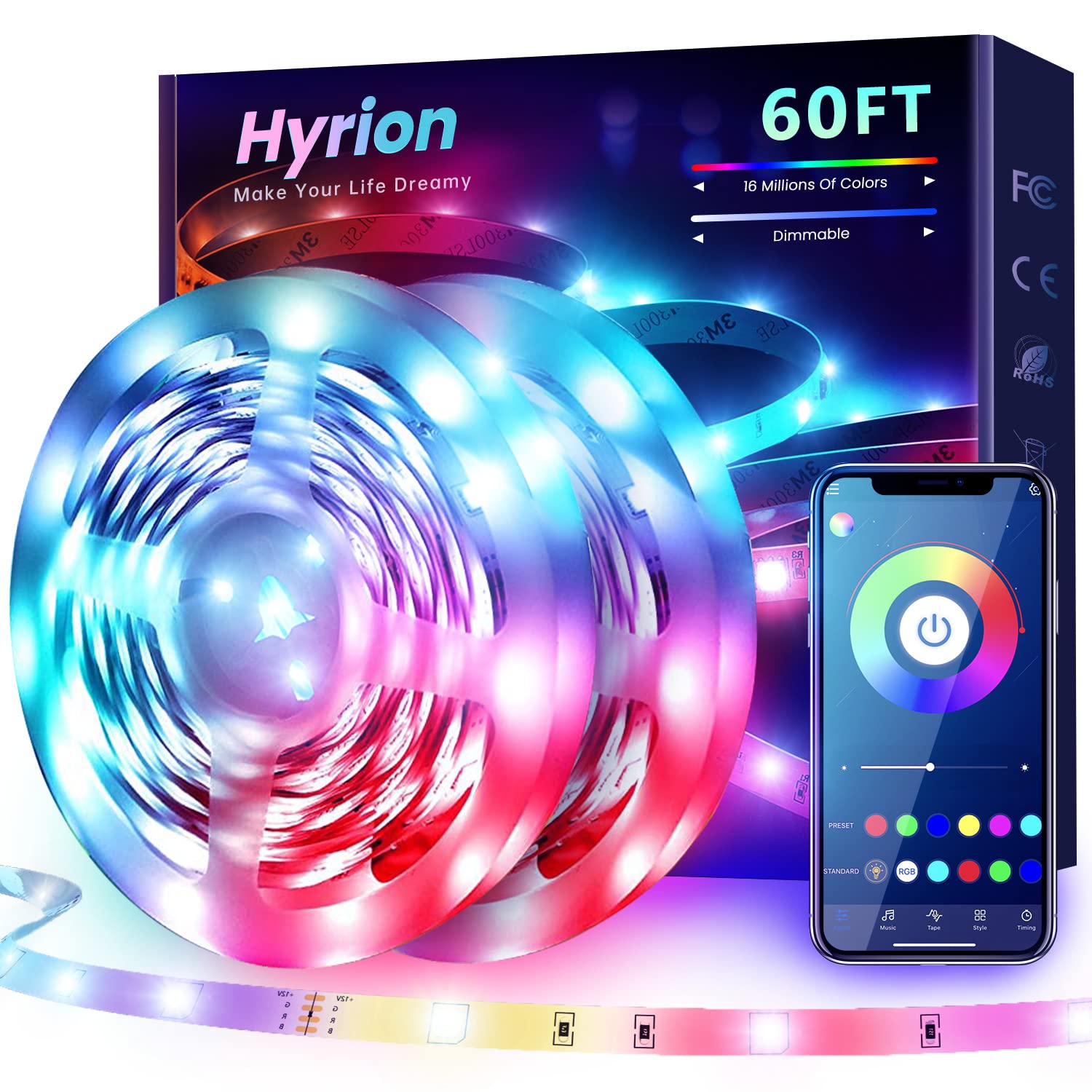 Hyrion 60ft Bluetooth RGB LED Strip Lights with Music Sync - Color Changing Wireless LED Lights for Bedroom, Home Decoration - Perfect for Parties, Gaming Rooms & Holiday Lighting