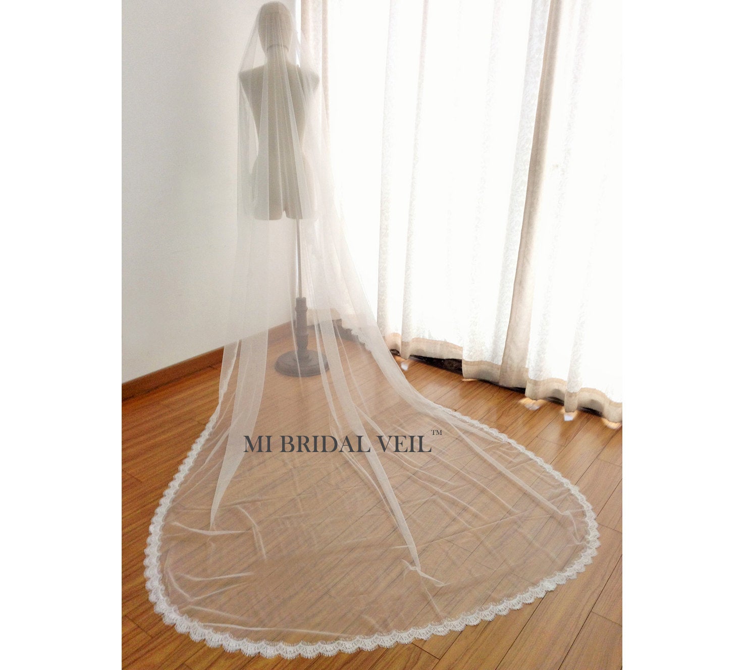 Elegant Cathedral Wedding Veil with Small Eyelash Chantilly Boho Lace - Perfect for Bridal, Boho & Vintage Weddings - Mi Bridal Collection