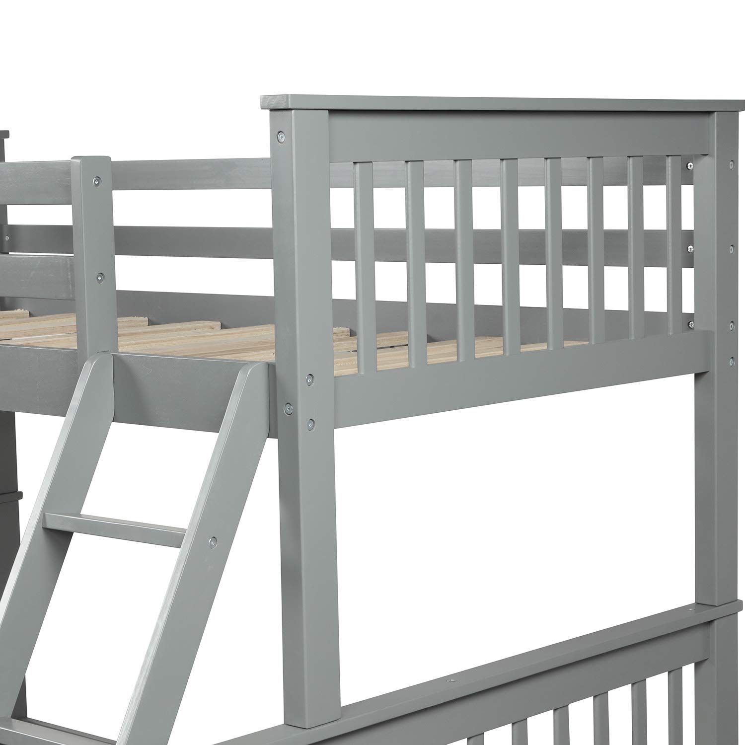 Solid Wood Twin Over Full Bunk Bed for Kids with Safety Rail & Ladders - Convertible to 2 Separate Beds with Storage Drawers (Gray) - Perfect for Small Bedrooms, Guest Rooms & Kids' Shared Spaces