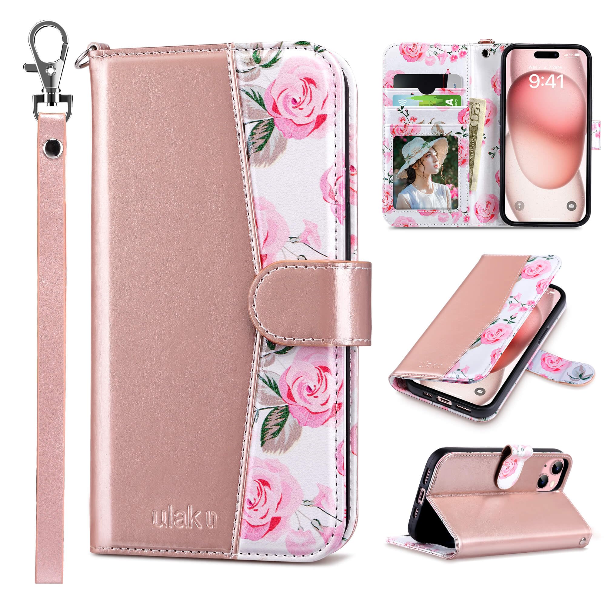 ULAK iPhone 15 Wallet Case for Women - Premium PU Leather Floral Flip Cover with Card Holder & Kickstand | Protective Purse Phone Case for iPhone 15 (6.1 Inch, 2023) | Perfect for Everyday Use, Travel & Shopping (Rose Gold)