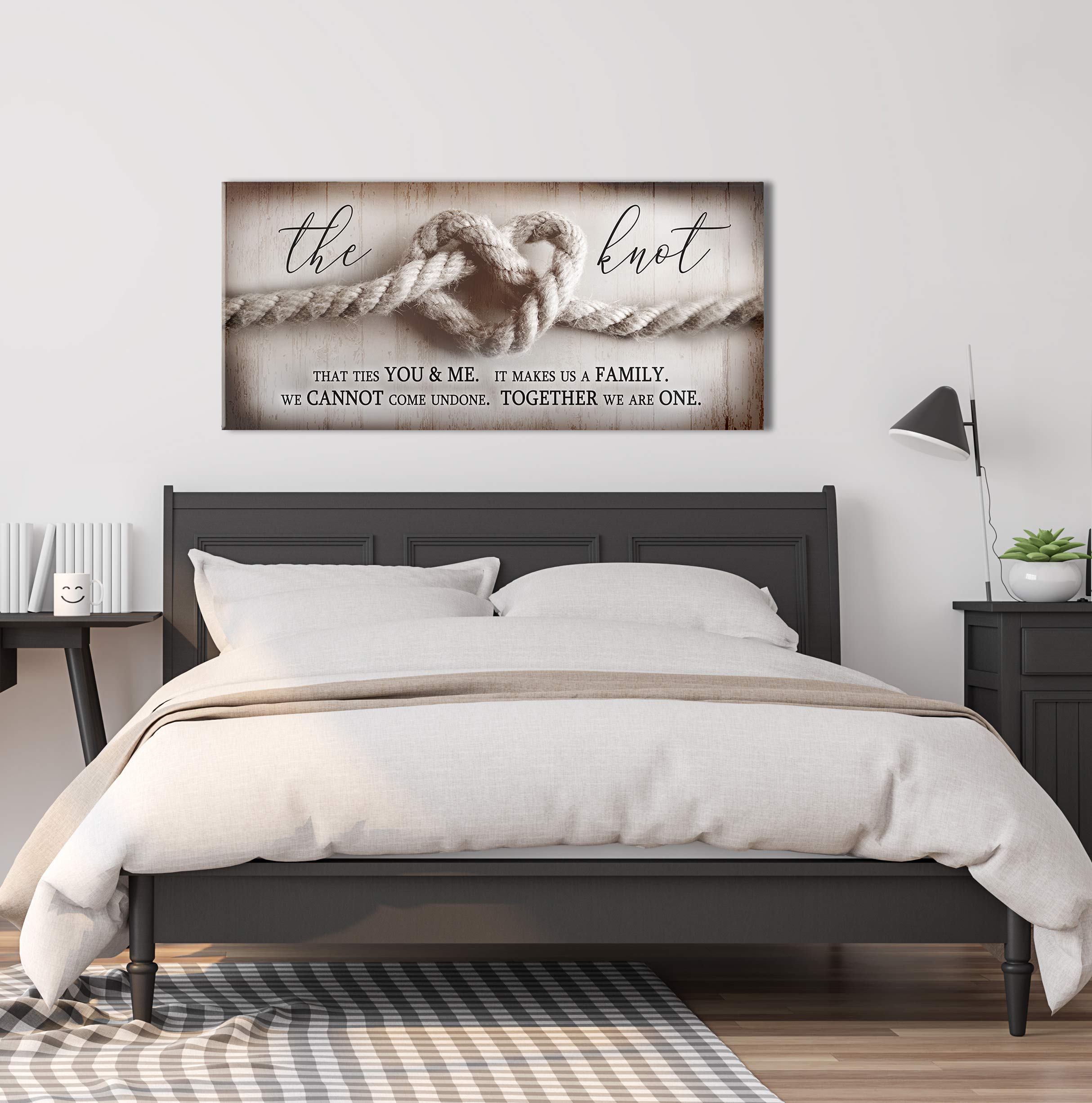 Romantic The Knot Wall Art - Framed Love Sign for Bedroom Decor, Large 42x19 Inch Brown Wooden Couples Wall Décor - Perfect Over Bed Master Bedroom Art for Wedding Anniversary Gift & Cozy Home Decoration