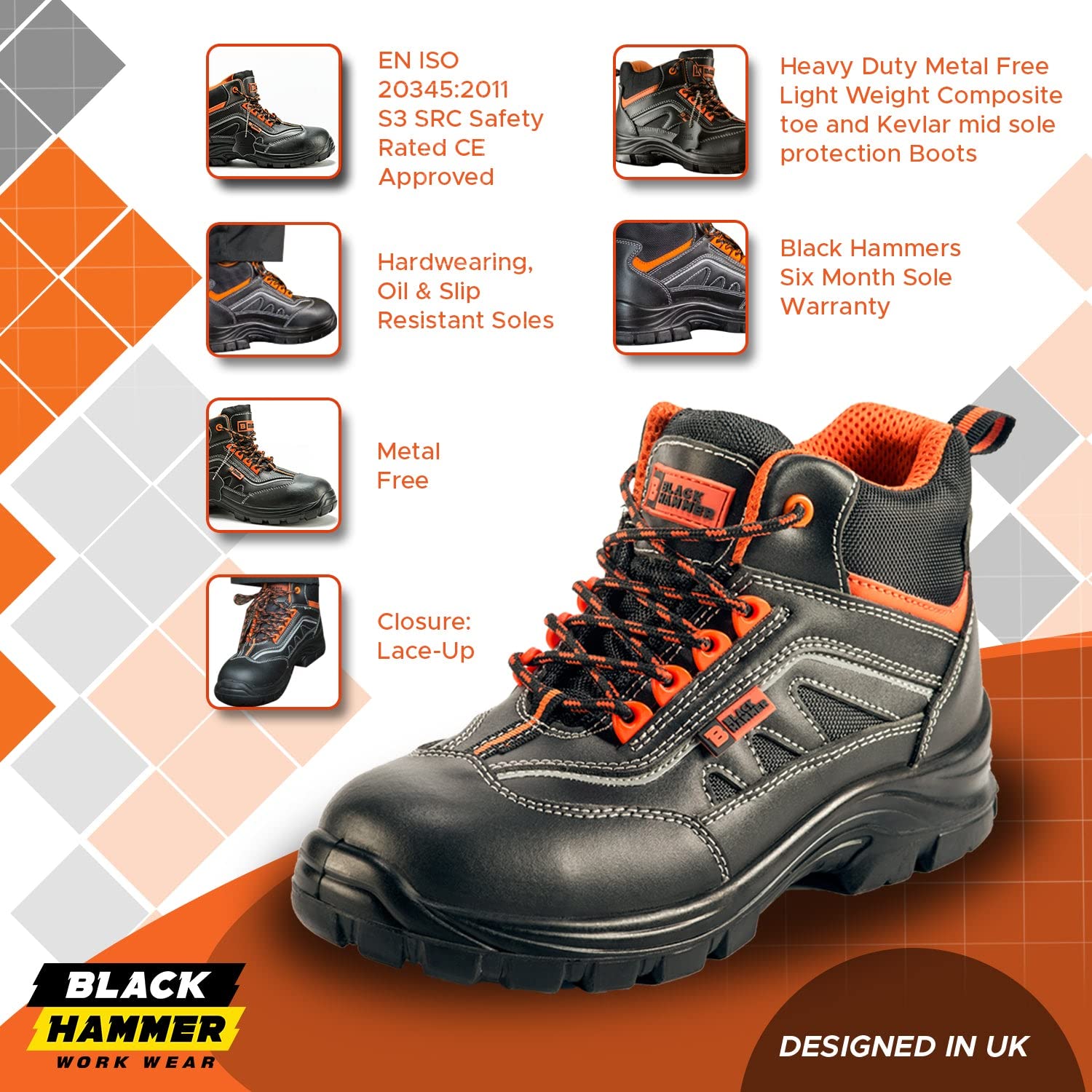 Black Hammer Men's Safety Boots - Leather Metal-Free Composite Toe Cap Kevlar Work Shoes 8852 | Slip Resistant, Electrical Hazard Protection for Construction, Warehouse & Industrial Work