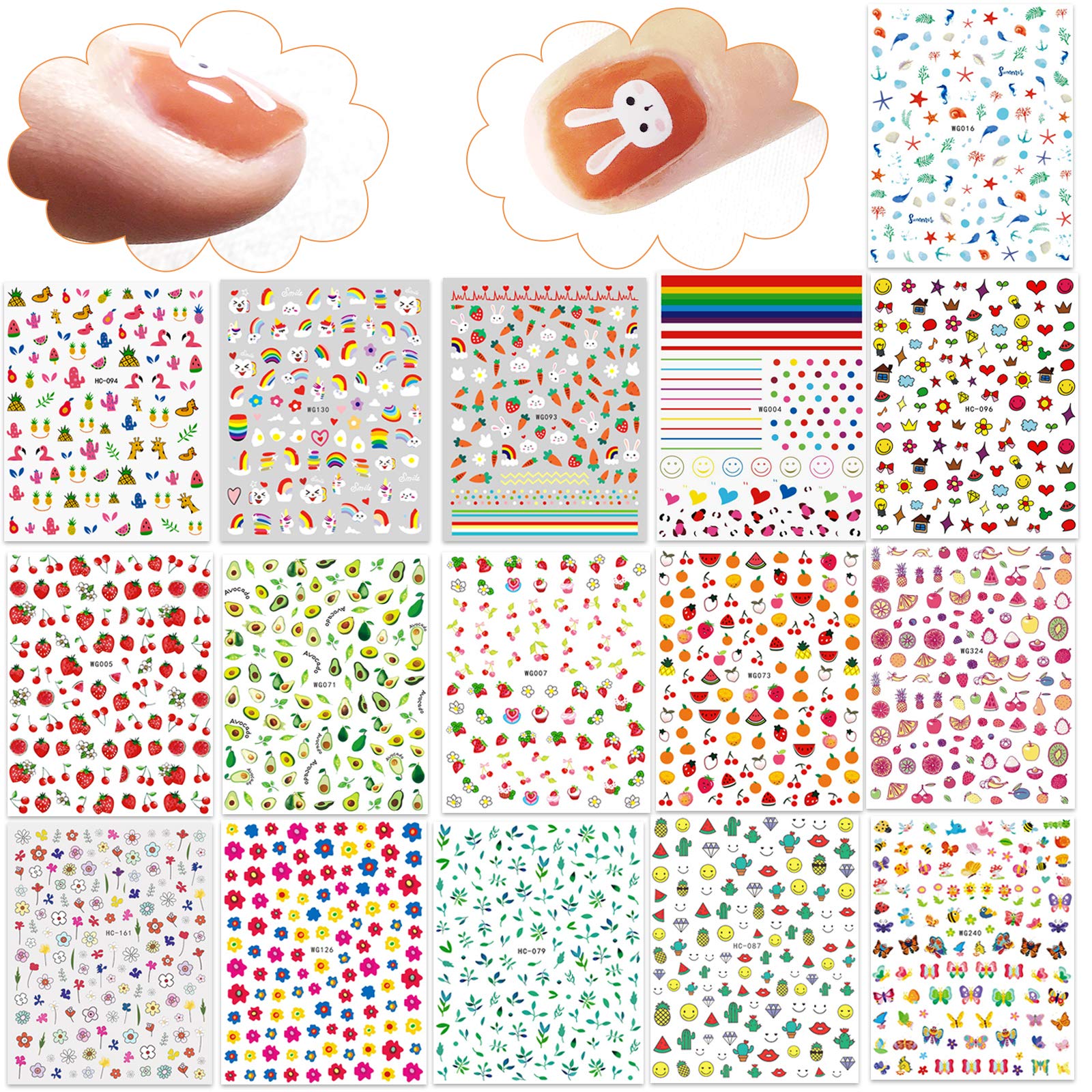 16 Large Sheets Self-Adhesive Nail Stickers for Women & Kids - Floral, Butterfly, Animal & Fruit Designs - Perfect for Nail Art, Parties, Gifts & DIY Manicures at Home or Salon