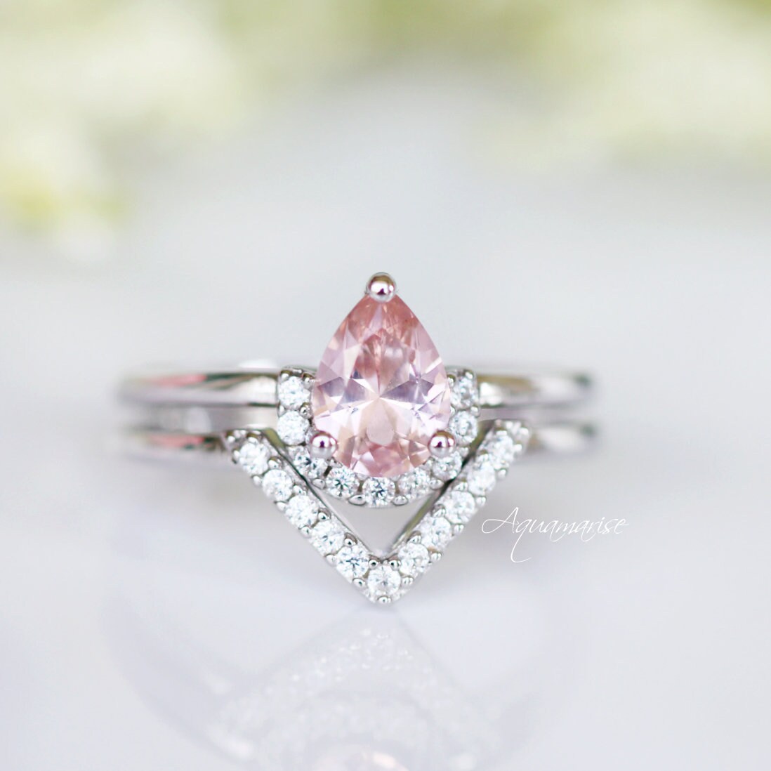 Aria Morganite Ring Set in Sterling Silver - Elegant Rose Gold Plated Wedding Band for Women, Perfect for Engagement, Anniversary & Valentine's Day Gifts