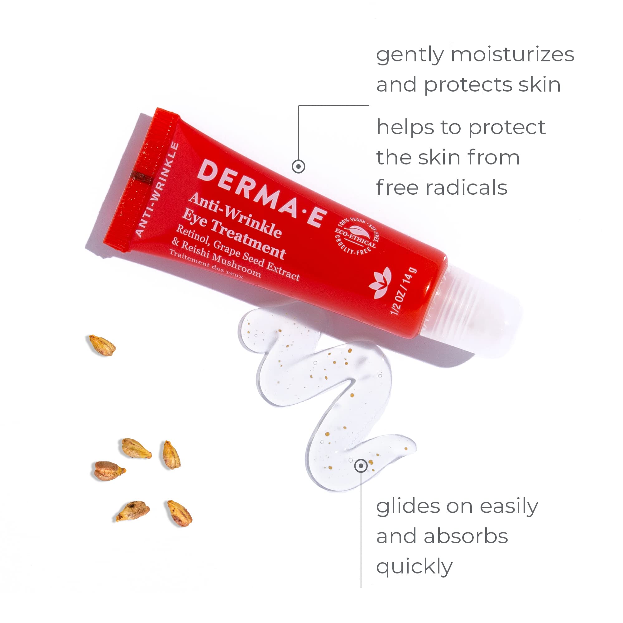 Derma E Anti-Wrinkle Eye Cream with Retinol, Grape Seed & Reishi Mushroom - Hydrating Under Eye Treatment for Dark Circles, Puffiness & Fine Lines - 1/2 oz Anti-Aging Serum - Perfect for Nighttime Skincare Routine & Travel