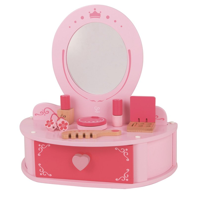 Hape Toys Petite Pink Vanity Toy - Wooden Beauty Desk with Drawer, Mirror & Pretend Makeup Kit for Girls | Includes Hairbrush, Lipstick, Compact, Perfume & Puffs | Perfect for Pretend Play, Dress Up & Role Play Games (Ages 3+)