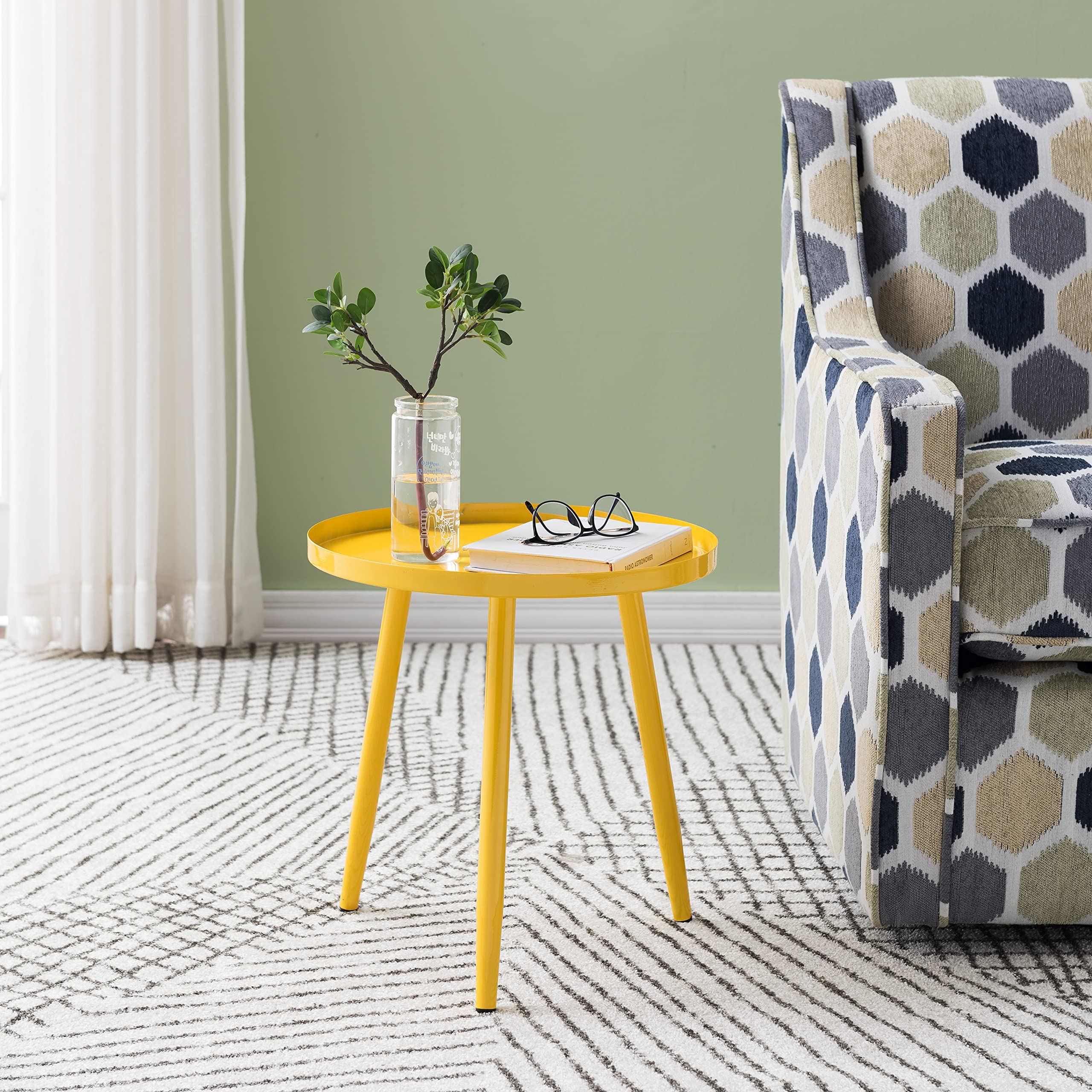 Kings Brand Furniture - Round Metal Side End Table, Nightstand Accent Table, Pedestal Plant Stand for Bedroom & Living Room - Yellow | Perfect for Small Spaces, Home Decor, and Indoor Plants
