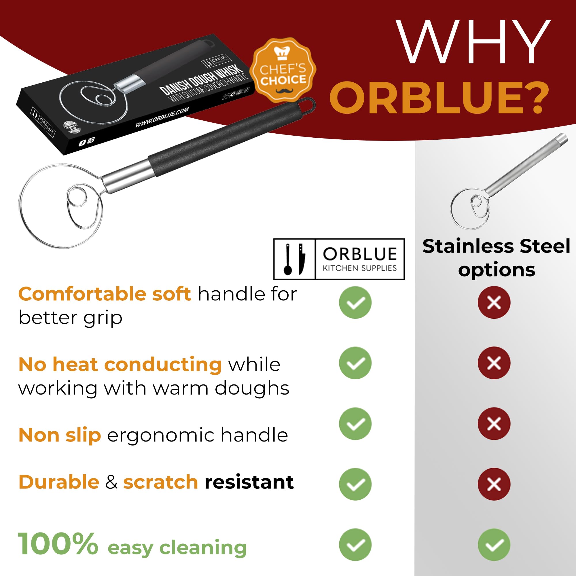 ORBLUE Danish Dough Whisk with Silicone Handle - Stainless Steel Mixing Tool for Baking Bread, Pastry & Cookies - Perfect for Kitchen, Home Baking & Professional Use (Rouge Red)