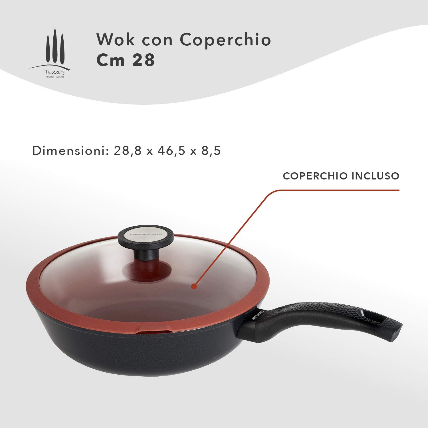 Classe Italy Tuscany Linea 28cm Non-Stick Wok - 5-Layer Natural Coating, PFOA & PTFE Free, Induction & Gas Stove Compatible - Perfect for Stir-Frying, Sautéing & Asian Cooking