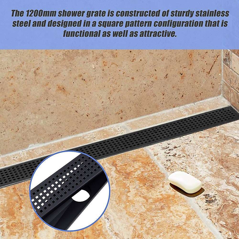 1200mm Black Square Pattern Bathroom Shower Drain Grate with Center Outlet - Durable Floor Waste for Modern Bathrooms, Showers & Wet Rooms (Waterproof & Anti-Slip Design)