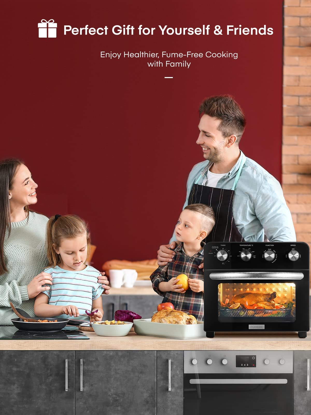 FOHERE 23L Air Fryer Oven with Rotisserie - 6-in-1 Multi-Function Countertop Convection Oven, Oil-Free Cooking, Energy Saving Independent Temp Control, Includes 6 Accessories & 100 Recipes (1700W) - Perfect for Small Kitchens, Healthy Meals, and Quick Family Dinners