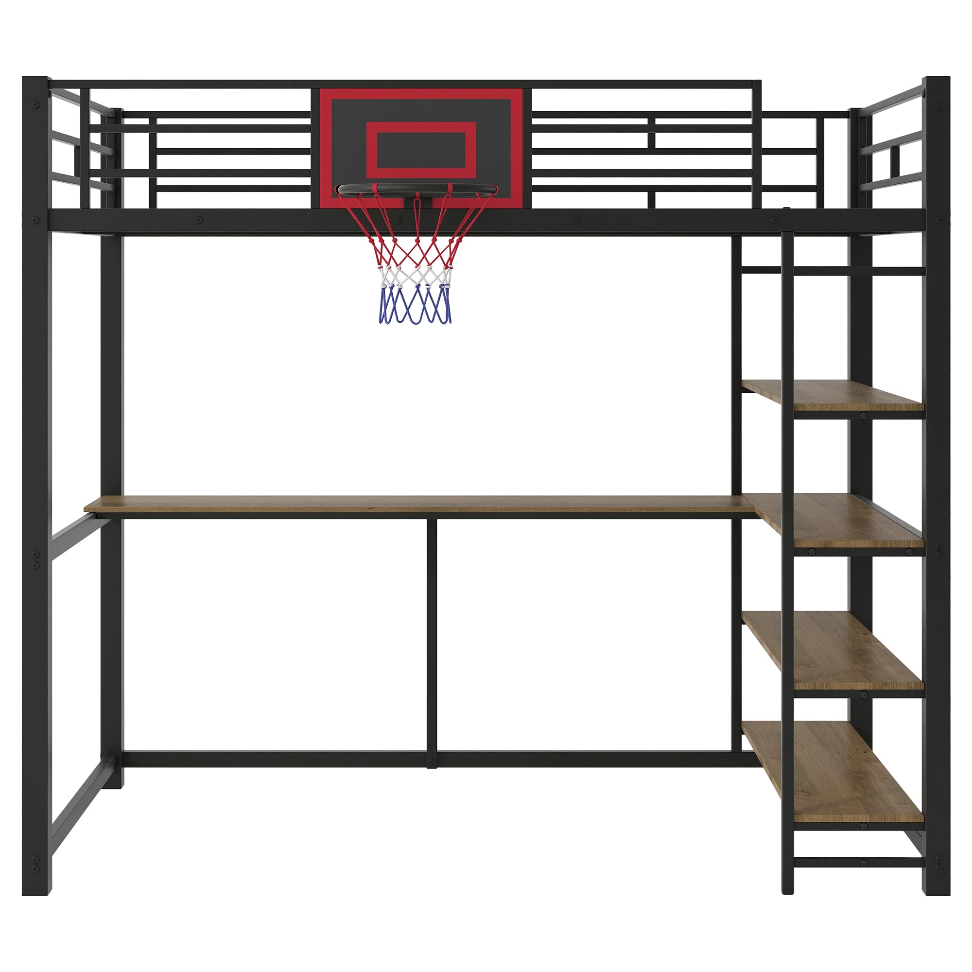 HABITRIO Twin Size Loft Bed with Shelves, Desk & Basketball Hoop - Sturdy Metal Frame for Kids & Teens - Space-Saving Study & Play Solution for Small Bedrooms (Black)