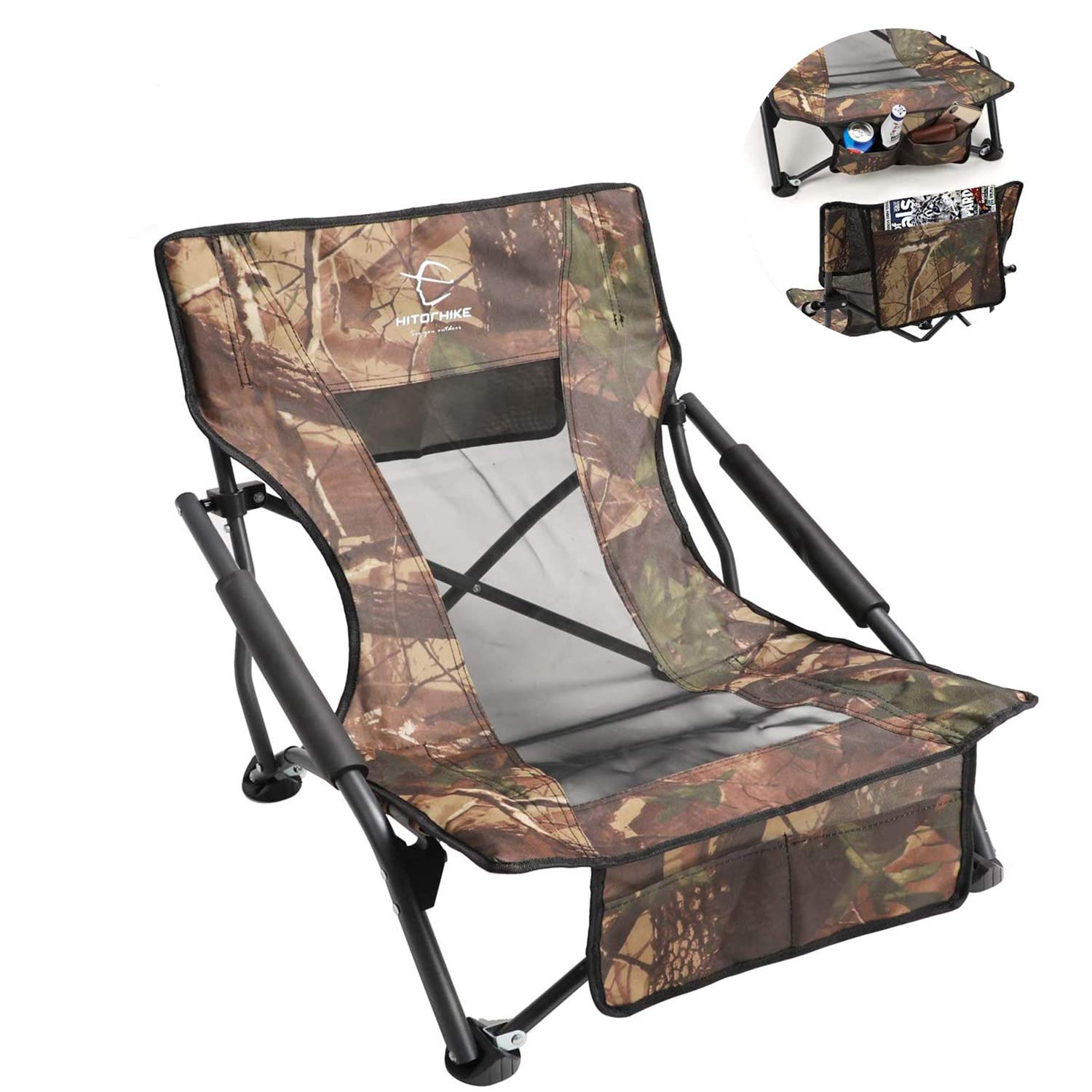 HITORHIKE Portable Folding Chair with Armrests - Lightweight Low Sling Beach Camping Concert Chair - Breathable Nylon Mesh Back - Compact & Sturdy Design - Perfect for Outdoor, Travel, Picnics, and Events