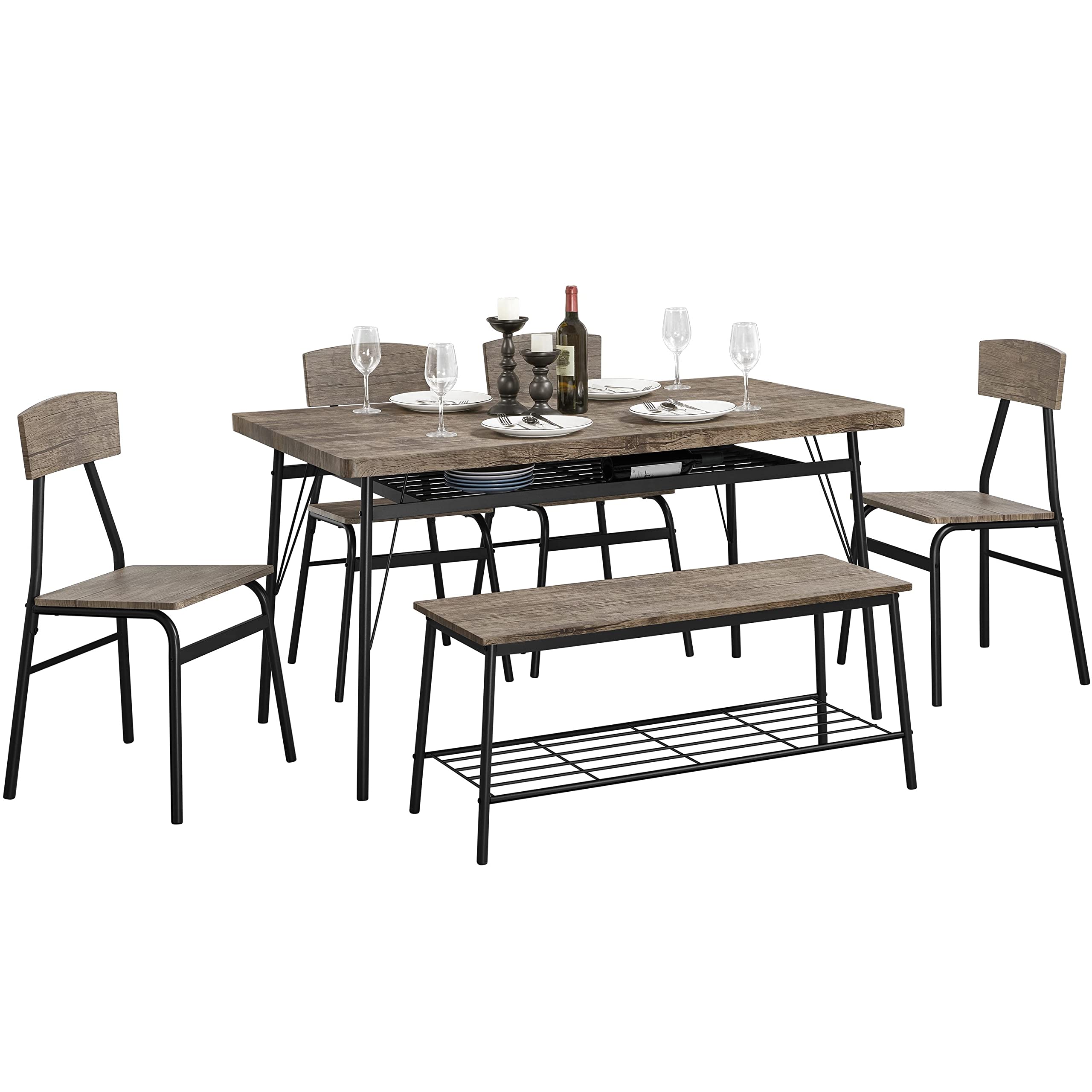 Topeakmart 6-Piece Farmhouse Dining Table Set with 2 Storage Racks - Wooden & Metal Kitchen Table and Chairs for Dining Room, Apartment, Sunroom - Perfect for Family Meals, Entertaining Guests, and Small Space Dining
