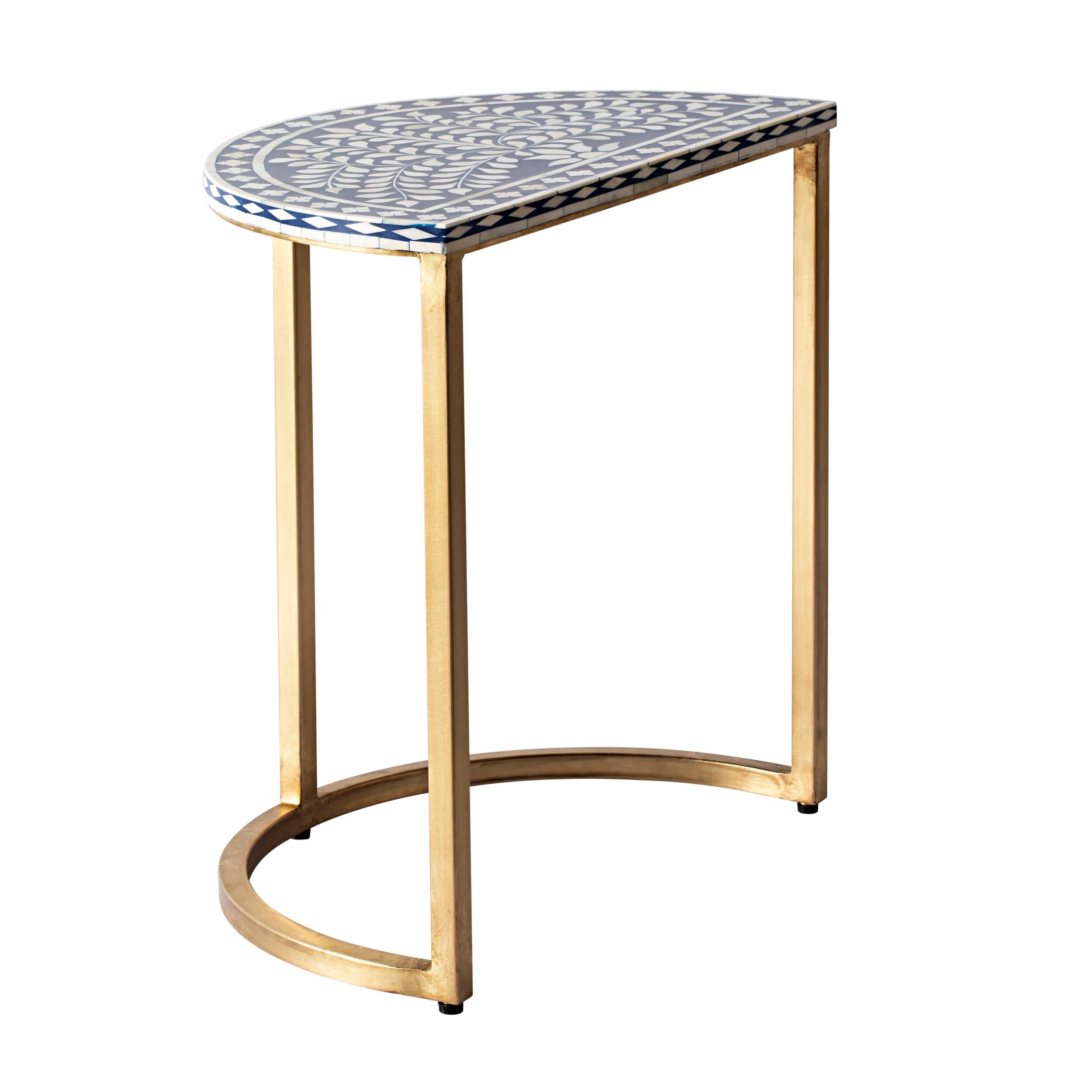 Handcrafted Bone Inlay Half Moon Side Table - Blue & Gold Accent - 21