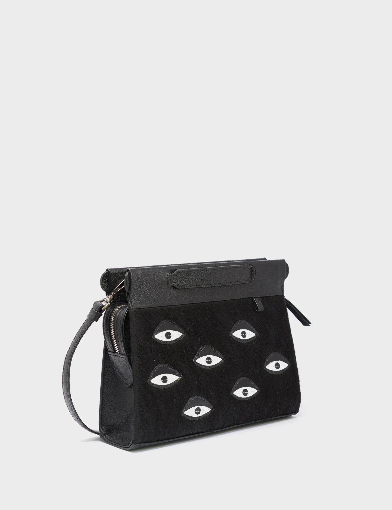 Vali Crossbody Small Black Leather Bag with Eyes Applique & Adjustable Handle - Perfect for Everyday Use, Travel, and Casual Outings