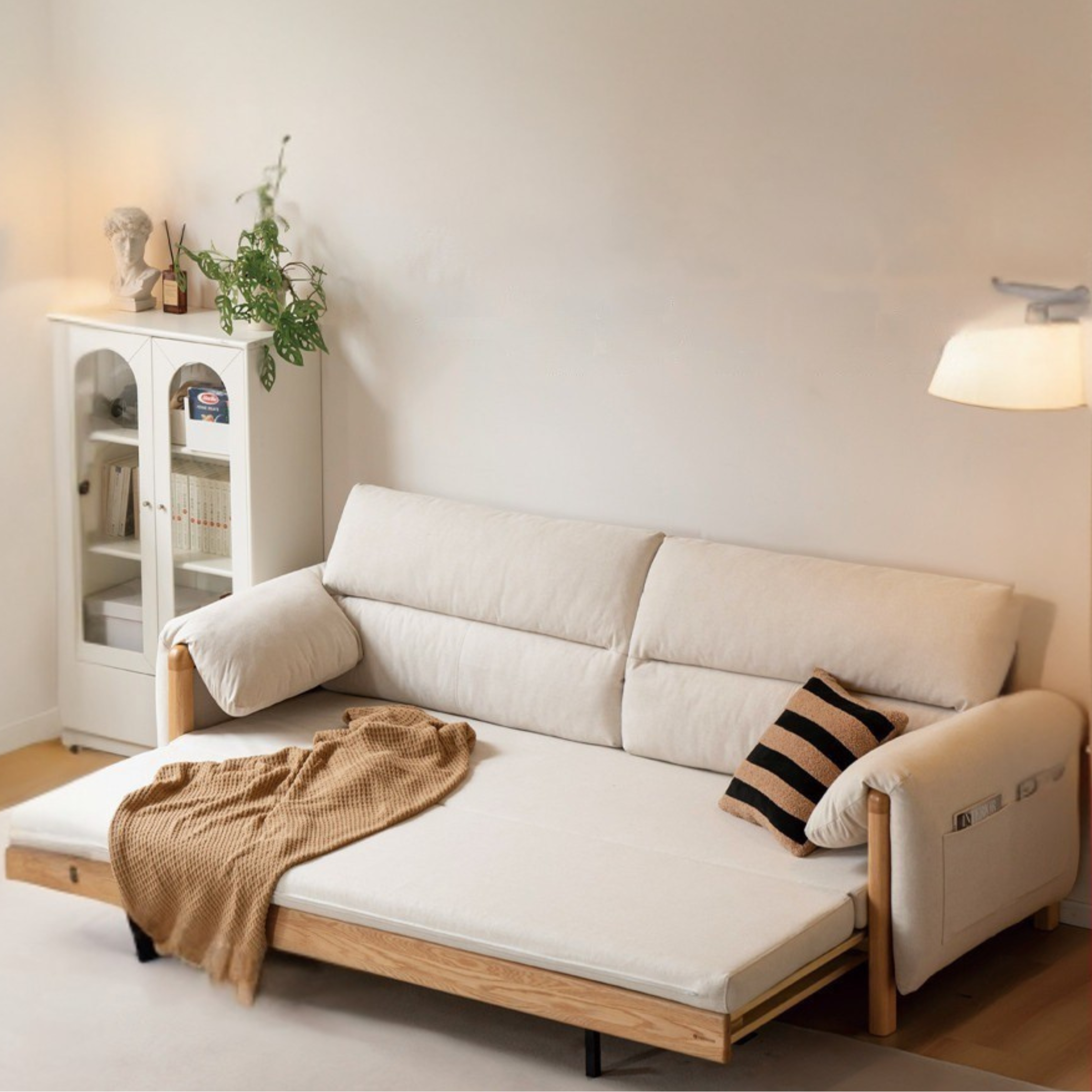 Solid Oak Wood Convertible Sofa Bed - Retractable Design for Sitting & Sleeping | Perfect for Small Spaces, Guest Rooms & Apartments