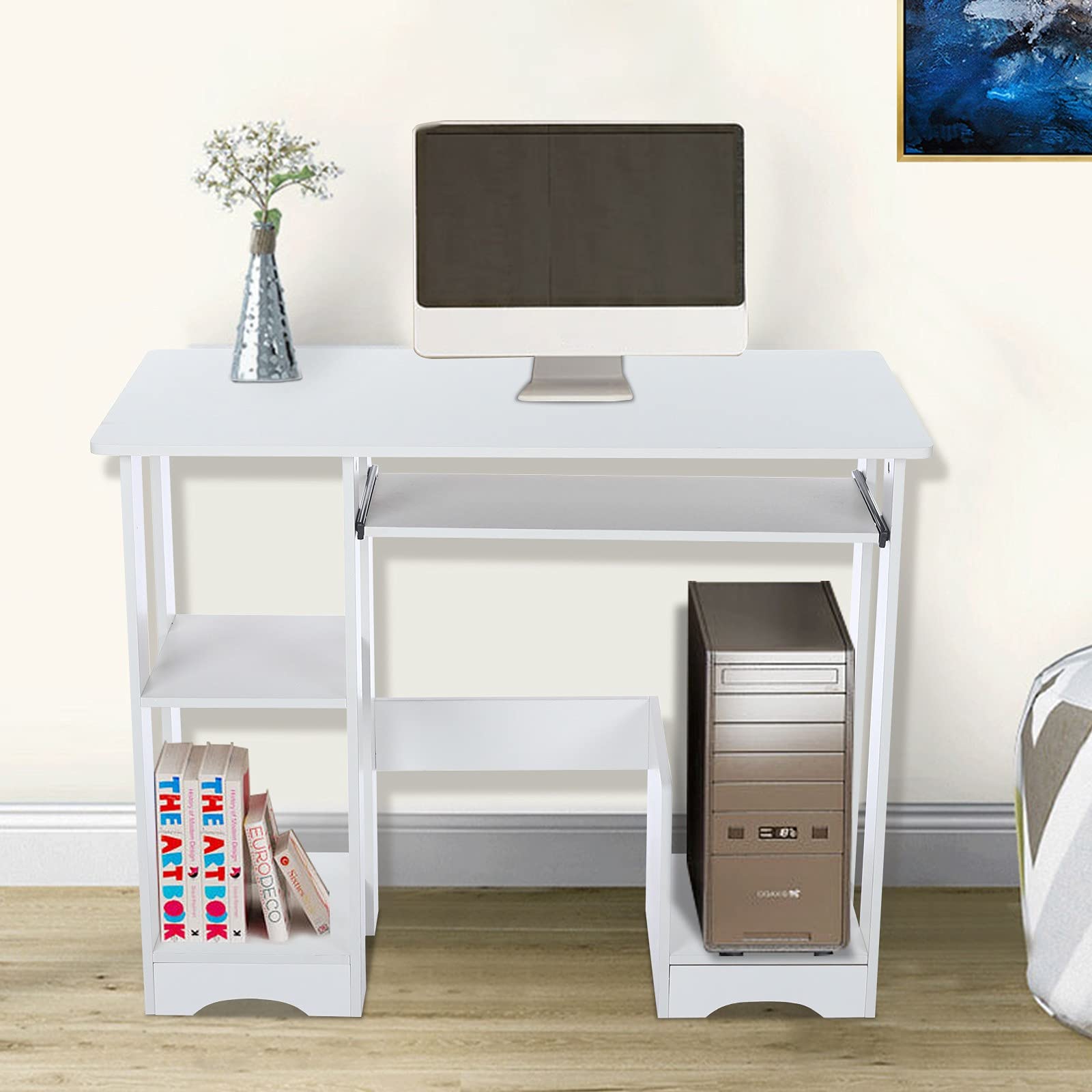 Modern Minimalist Computer Desk with Storage Shelves - 90×48×72cm White Home Office Desk for Workstation, Bedroom & Study | Space-Saving Writing Desk for Small Spaces & Home Organization