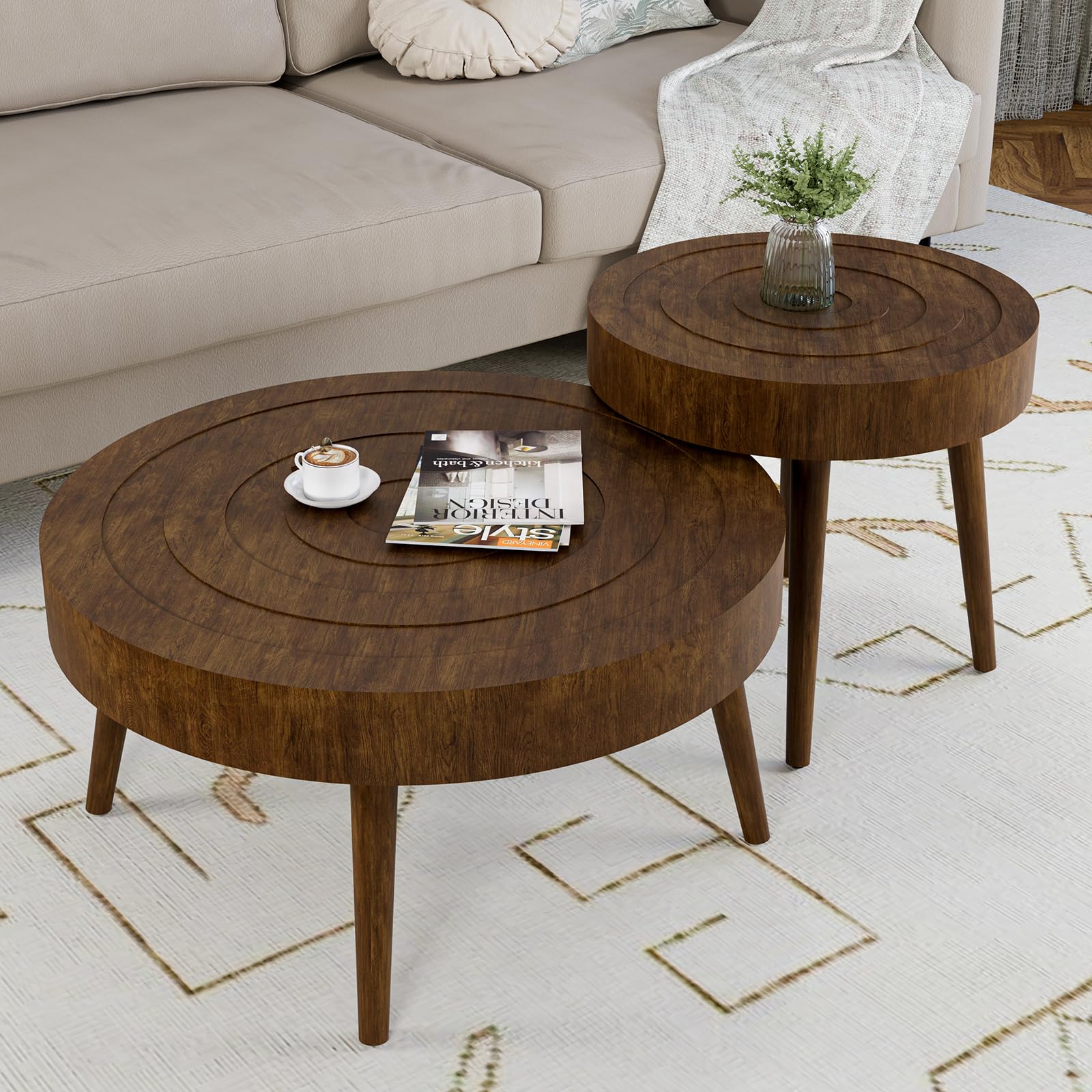 HOMPUS 2-Piece Round Nesting Coffee Table Set with Wood Grain Finish & Handcrafted Ring Pattern - Modern Accent Tables for Living Room, Perfect for Small Spaces & Coffee Lovers