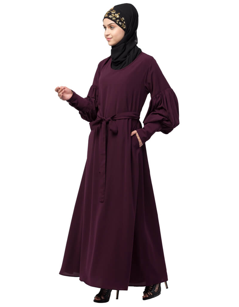 Elegant Arabic Long Cuff Full Balloon Sleeve Belted A-Line Abaya Dress in Wine Red - Perfect for Modest Fashion, Islamic Occasions & Special Events
