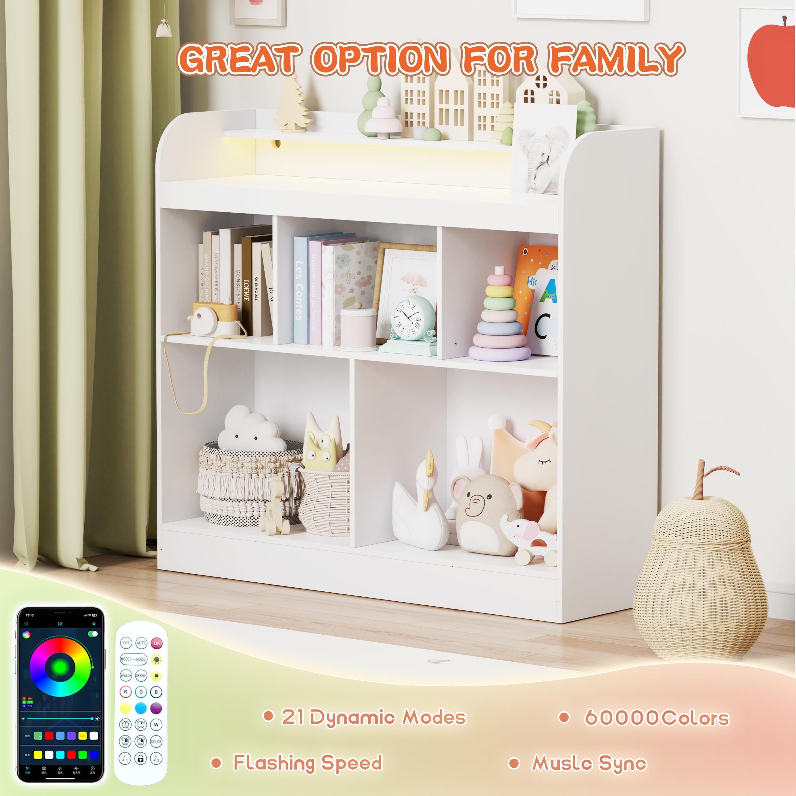 Lkeiyay White Kids Bookshelf with LED Lights - Toy Storage Cubby & Bookcase for Children's Bedroom, Nursery, Playroom - Perfect for Organizing Books, Toys and Decor in Kids Rooms