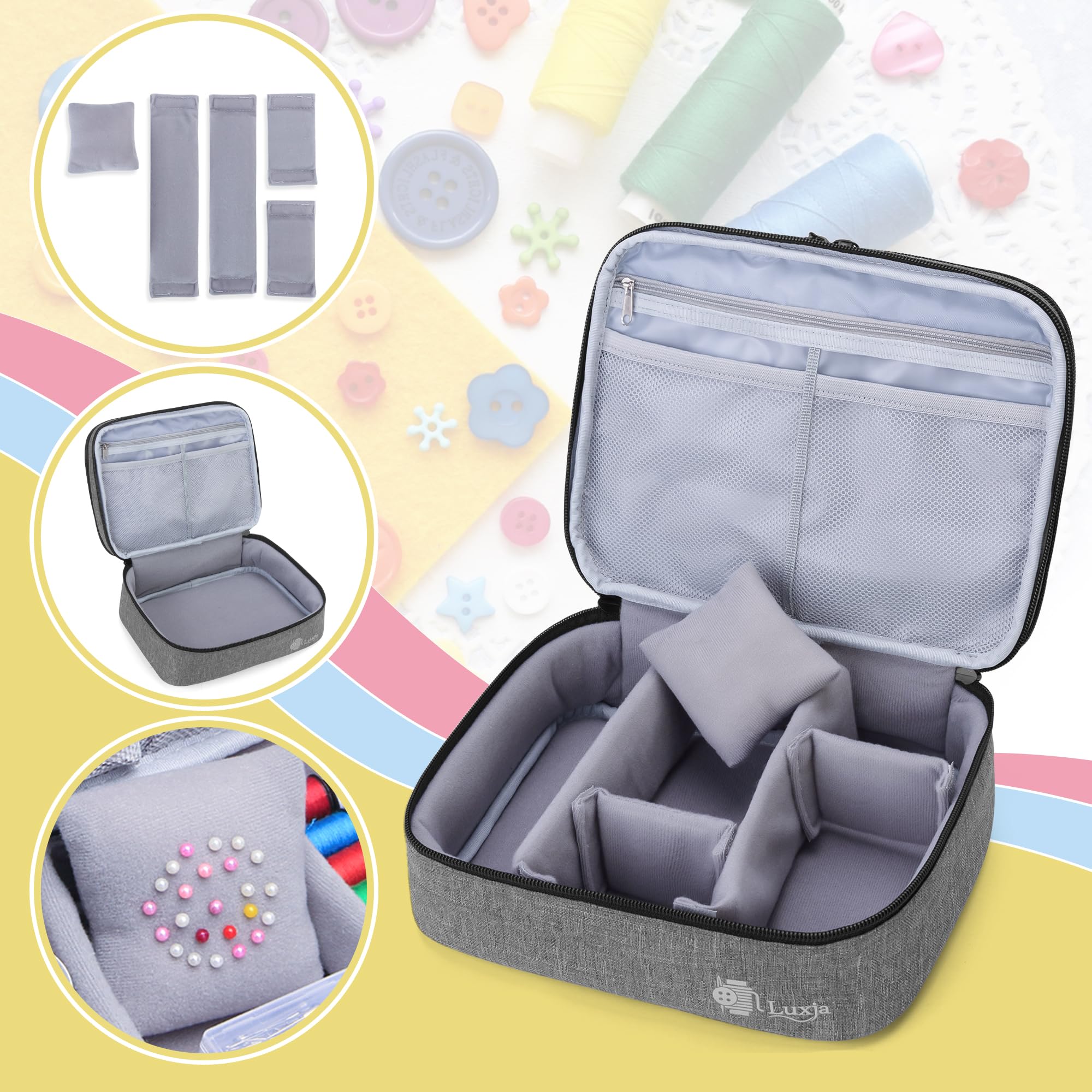Luxja Double-Layer Sewing Supplies Organizer - Medium Gray Sewing Bag for Needles, Thread, Scissors & Measuring Tape - Perfect for Sewing Kits, Craft Storage & Travel Sewing Projects