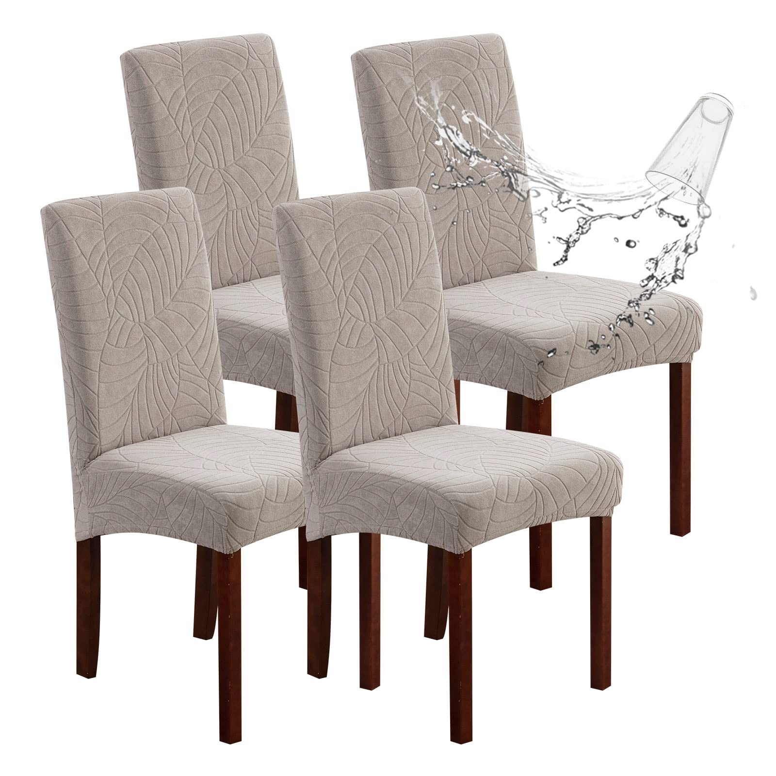 Waterproof Dining Chair Covers Set of 4 - Stretchable Slipcovers for Kitchen & Parson Chairs (Leaf Pattern, Warm Gray) | Spill Protection & Home Decor Upgrade for Family Dinners & Entertaining Guests