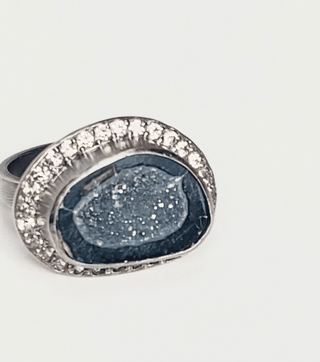 Oxidized Sterling Silver Black Geode & Pave Sapphire Ring | Elegant Statement Jewelry for Weddings, Parties & Special Occasions
