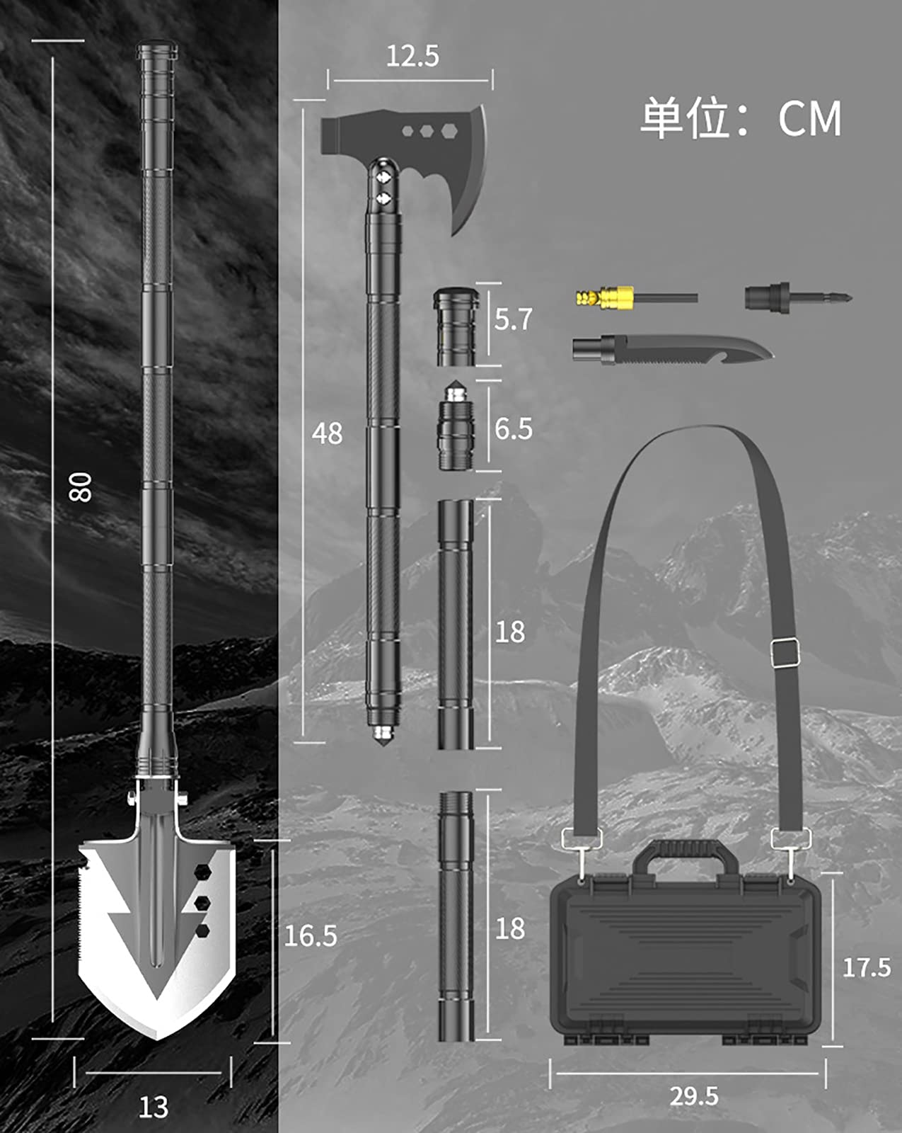 Multifunctional Folding Camping Shovel & Survival Axe Tool Set - High Carbon Stainless Steel Shovelhead with Storage Pouch - Perfect for Outdoor Adventures, Camping, Hiking, Cycling & Emergency Preparedness