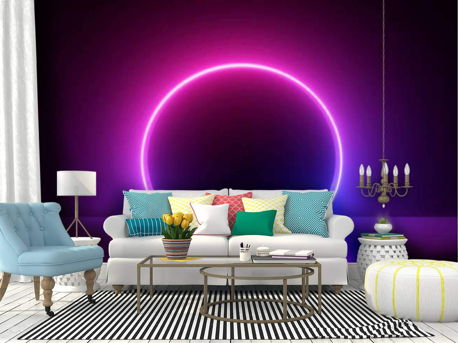 3D Blue Pink Neon Round Frame Circle Ring Wall Mural - Peel and Stick Self-Adhesive Wallpaper, Large Removable Vinyl Film Roll for Home Decor, Living Room, Bedroom, Nursery, Office
