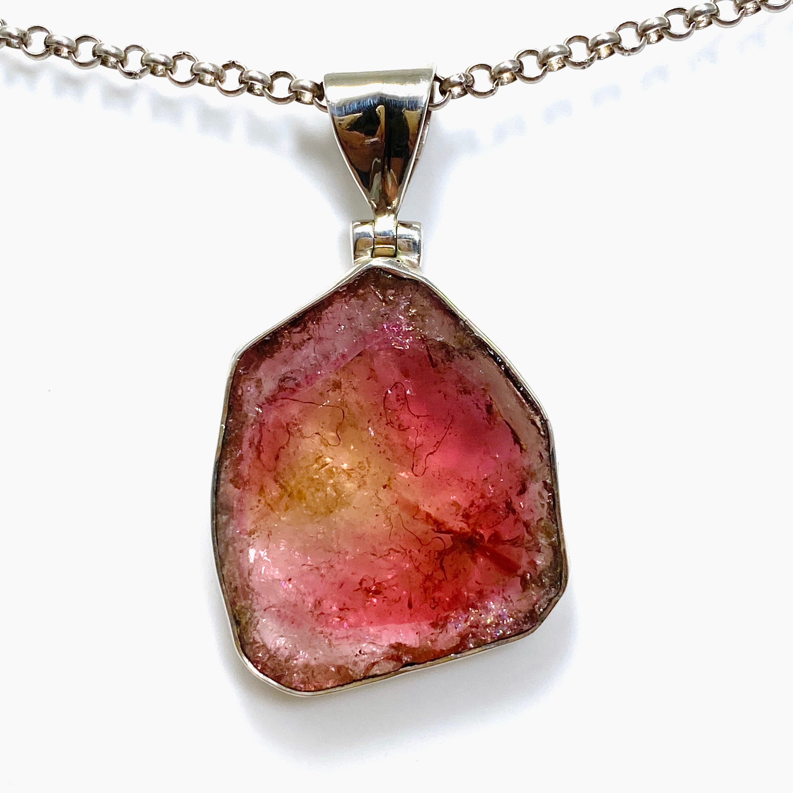 Natural Pink and Gold Tourmaline Gemstone Large Slice Pendant Necklace - GPJ02 for Women, Boho Jewelry, Gift for Her, Perfect for Parties and Special Occasions