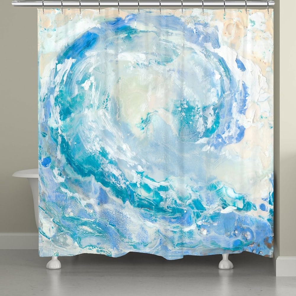 Laural Home Ocean Wave Shower Curtain - Waterproof Bathroom Decor with Hooks, Blue Sea Design for Coastal & Beach Theme - Perfect for Bathroom, Guest Room, and Vacation Rental Decor