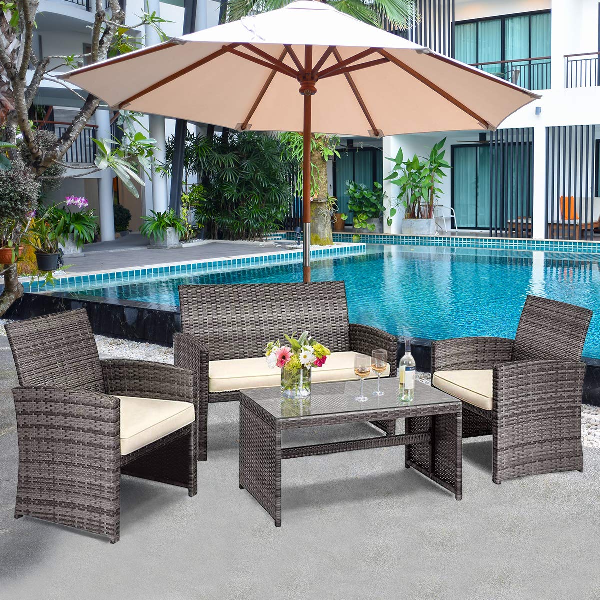 HAPPYGRILL 4-Piece Outdoor Rattan Patio Furniture Set with PE Wicker Coffee Table, Sofa Chairs & Soft Cushions - Perfect for Garden, Poolside, Porch, Backyard Relaxation & Entertaining