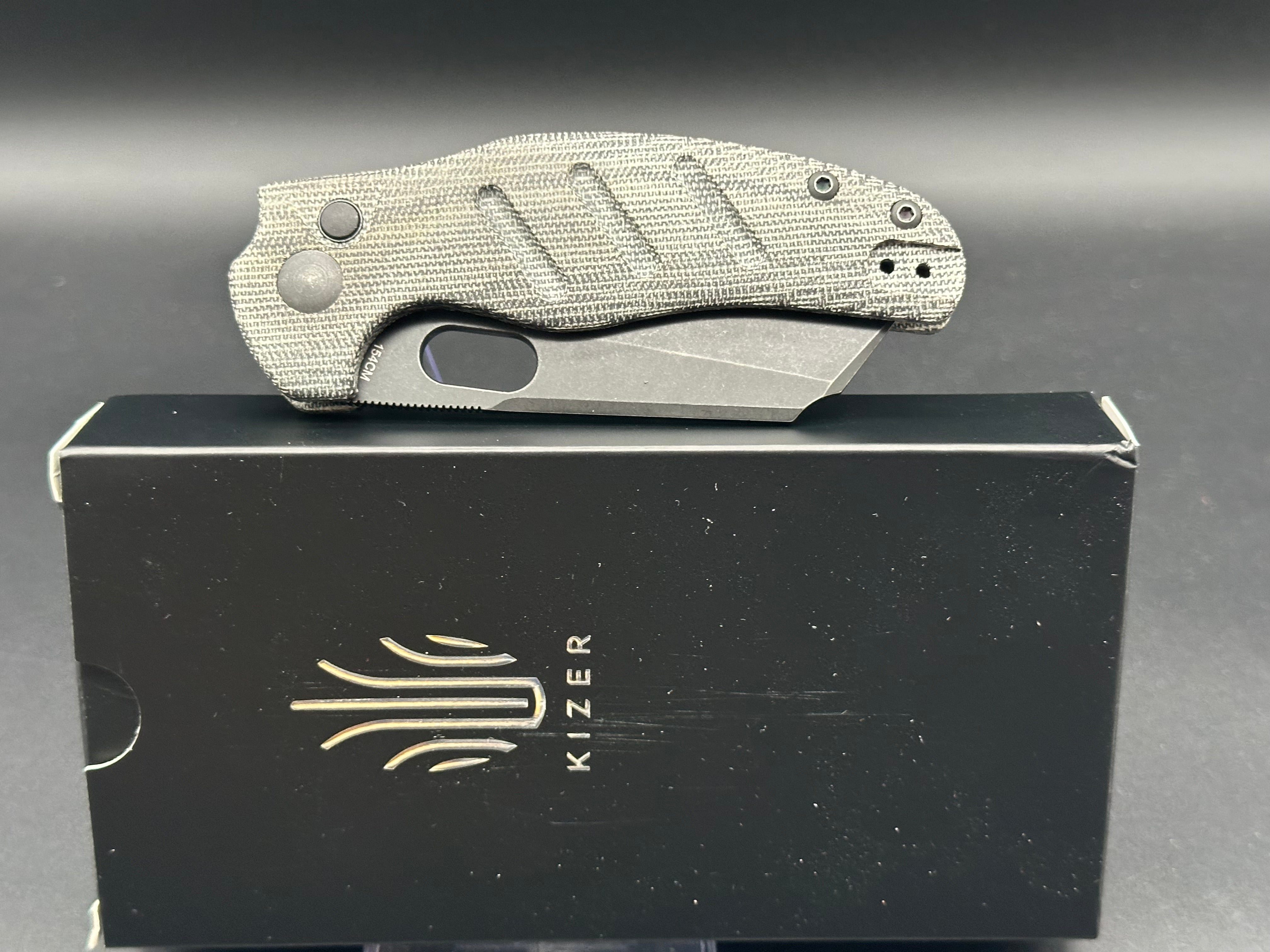 KIZER C01C Sheepdog Pocket Knife - 154CM BlackWash Blade, Button Lock, Micarta Handle (V4488BC1) | EDC Folding Knife for Outdoor, Camping & Everyday Carry