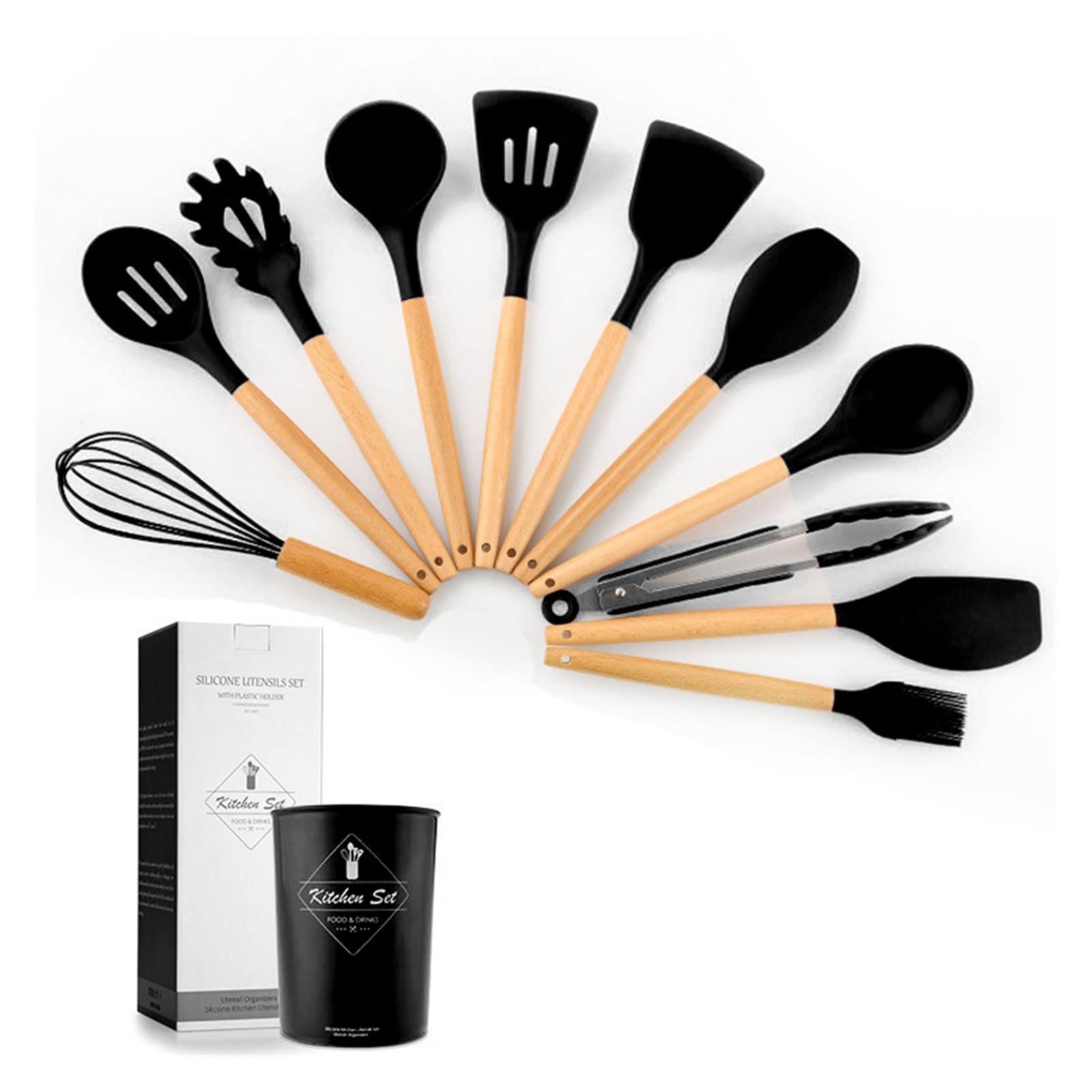 Heat-Resistant Silicone Kitchen Utensils Set - Non-Stick Cooking Tools Kit with Ergonomic Handles (Black) - Perfect for Baking, Frying, and Everyday Cooking