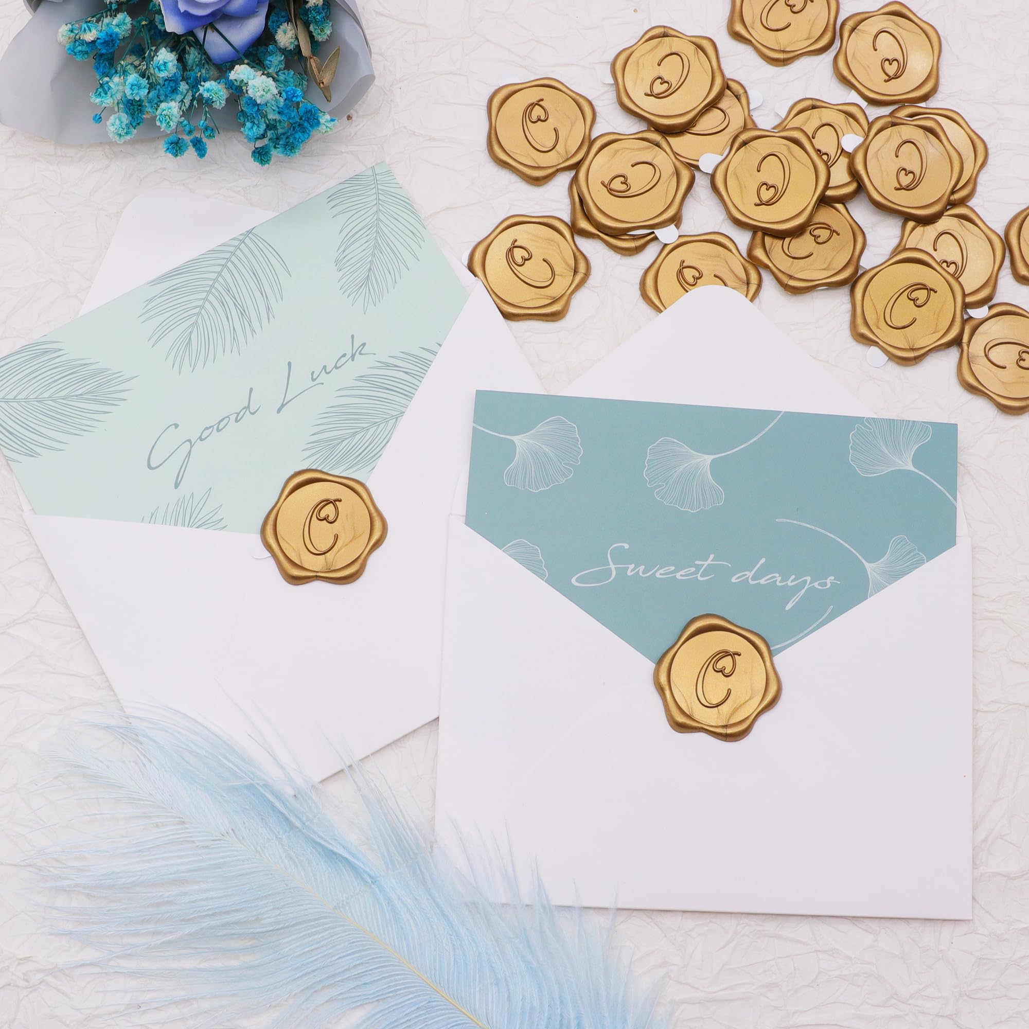 SWANGSA 100 Pack Antique Gold Heart Design Letter C Wax Seal Stickers - Self-Adhesive Wax Seals for Wedding Invitations, Party Envelopes, Greeting Cards & DIY Scrapbooking