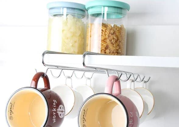 Premium 304 Stainless Steel Under Shelf Coffee Mug Holder - Space Saving Cup Rack Organizer with 10 Hooks for Kitchen, Cabinet, Counter & Table - Perfect for Small Kitchens, Office Break Rooms & Dorm Organization (Pack of 1)