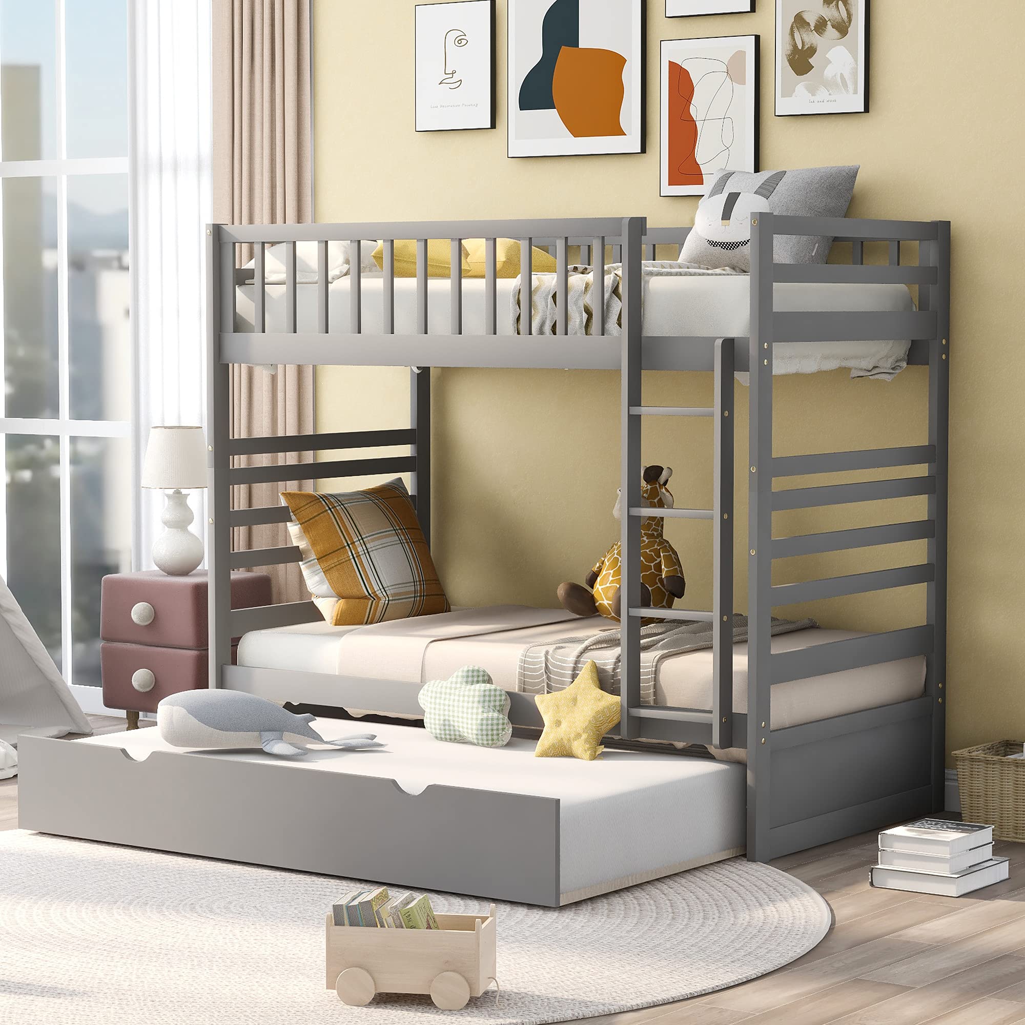 Harper&Bright Designs Twin Over Twin Bunk Bed with Safety Rail & Ladder - Space-Saving Twin Trundle Bed for Kids, Teens & Guest Rooms - Sturdy Bedroom Furniture in Modern Grey
