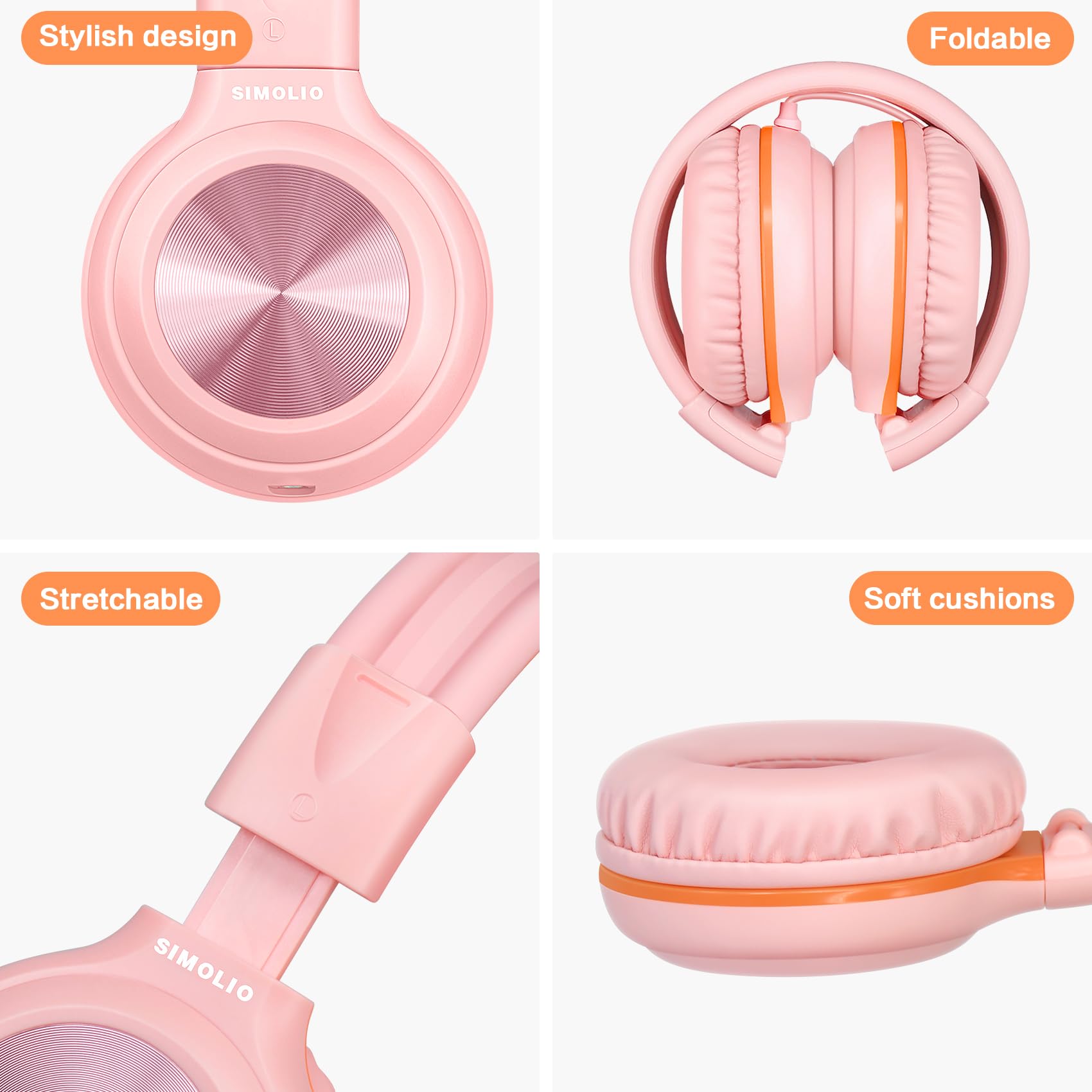 SIMOLIO Kids Wired Headphones with Microphone - Volume Limited (85dB/94dB/104dB) Foldable Lightweight Headset with Share Port & Carrying Bag for School, Travel, Home Use - Compatible with Cellphones, Tablets, Laptops & PCs