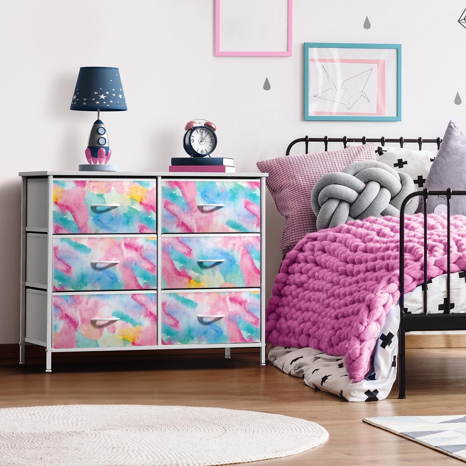Sorbus 6-Drawer Kids Dresser Organizer with Steel Frame & Wood Top - Tie-Dye Fabric Storage Bins for Clothes, Toys & Nursery Essentials - Perfect for Bedroom, Nursery, Closet & Small Spaces - Sturdy & Stylish Kids Furniture for Organization & Decor