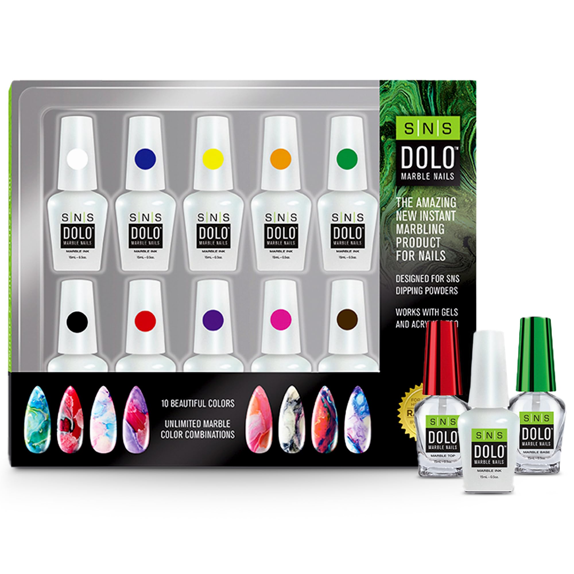 SNS DOLO Marble Nail Art Kit - 10 Vibrant Dipping Powder Colors with Base & Top Coat for Professional & DIY Manicures | Works with Gel & Acrylic Nails | Perfect for Home Salon, Party Nail Art & Gift Giving