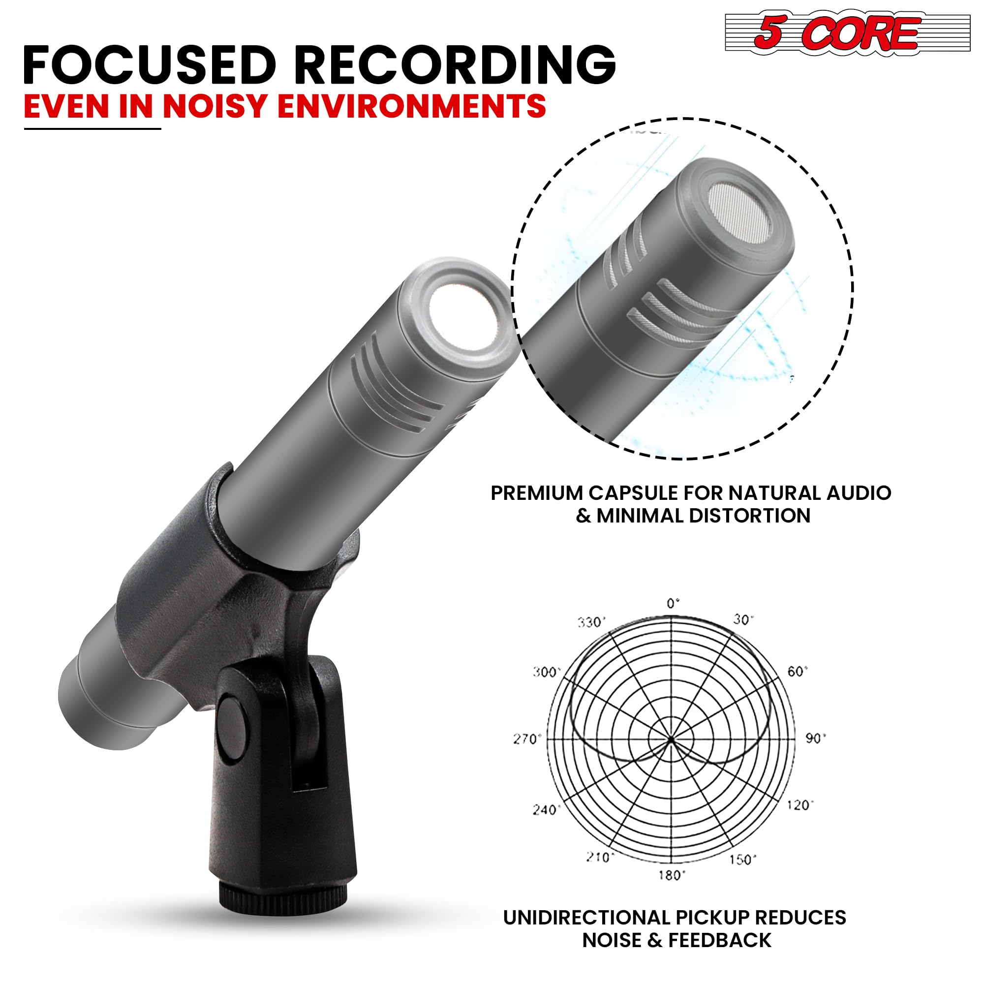 5 CORE Professional Condenser Microphone - Cardioid Unidirectional Pencil Mic for Studio Recording, Podcasting & Live Streaming (Includes Windscreen, Mic Clip & Case) - INSTRU MIC 300 Grey