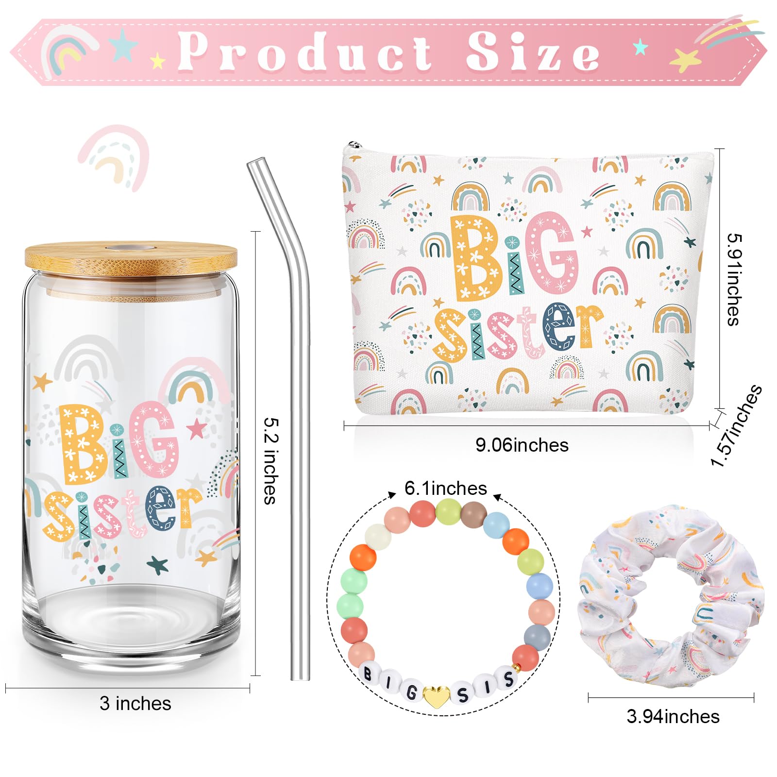 4 Pcs Big Sister Gift Set for Girls - 16oz Glass Tumbler, Makeup Bag, Bracelet & Scrunchies - Perfect New Baby Birthday or Baby Shower Gift - Ideal for School, Parties & Everyday Use