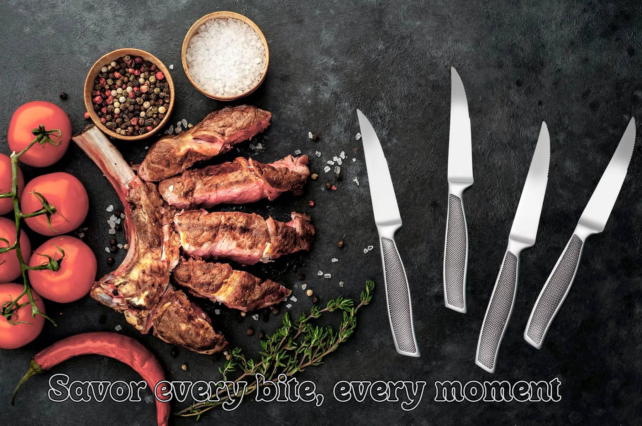 Premium Serrated Steak Knives Set of 4 - Stainless Steel Blades with Matte Finish, Dishwasher Safe & Ergonomic Non-Slip Handles - Perfect for Steak Dinners, BBQ Parties & Everyday Kitchen Use