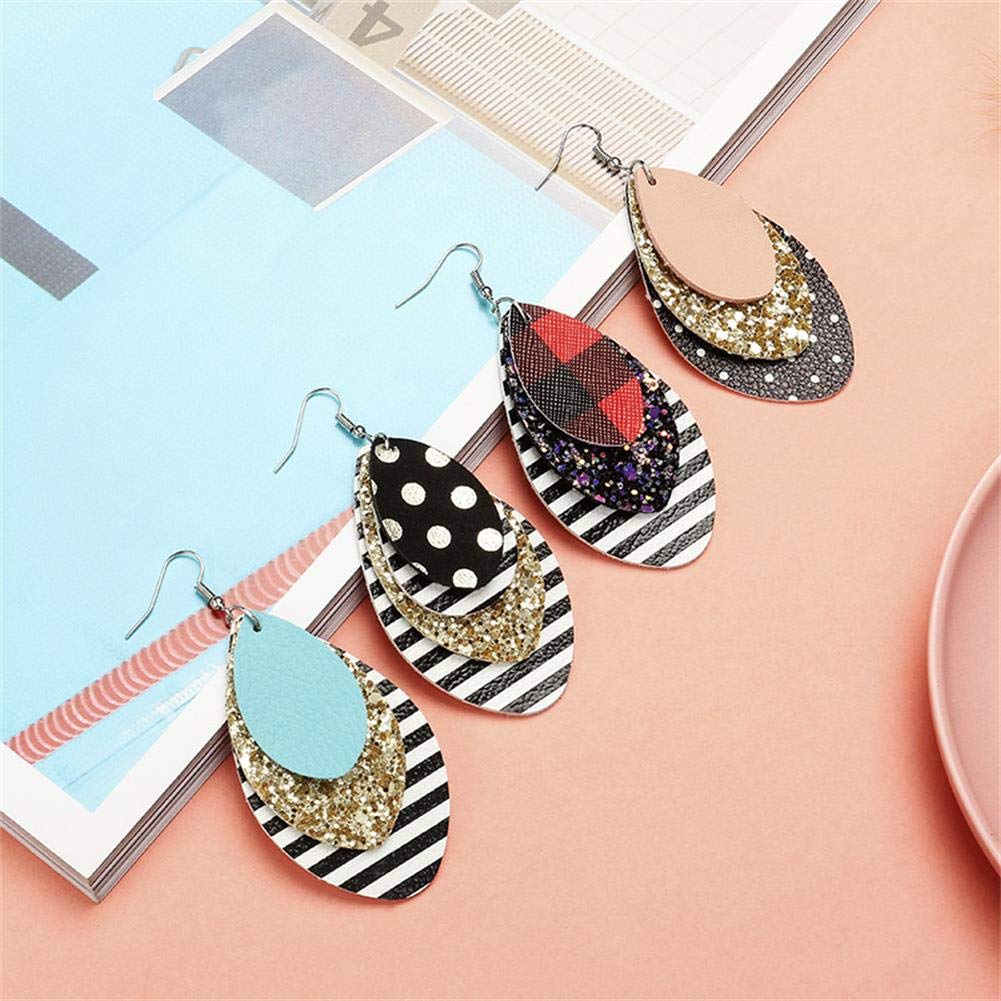 Stylish Multilayer Leaf Dangle Earrings for Women - Lightweight Bohemian Leather Earrings with Red Plaid & Leopard Print, Teardrop Waterdrop Design - Perfect for Christmas, Parties & Boho Fashion Jewelry
