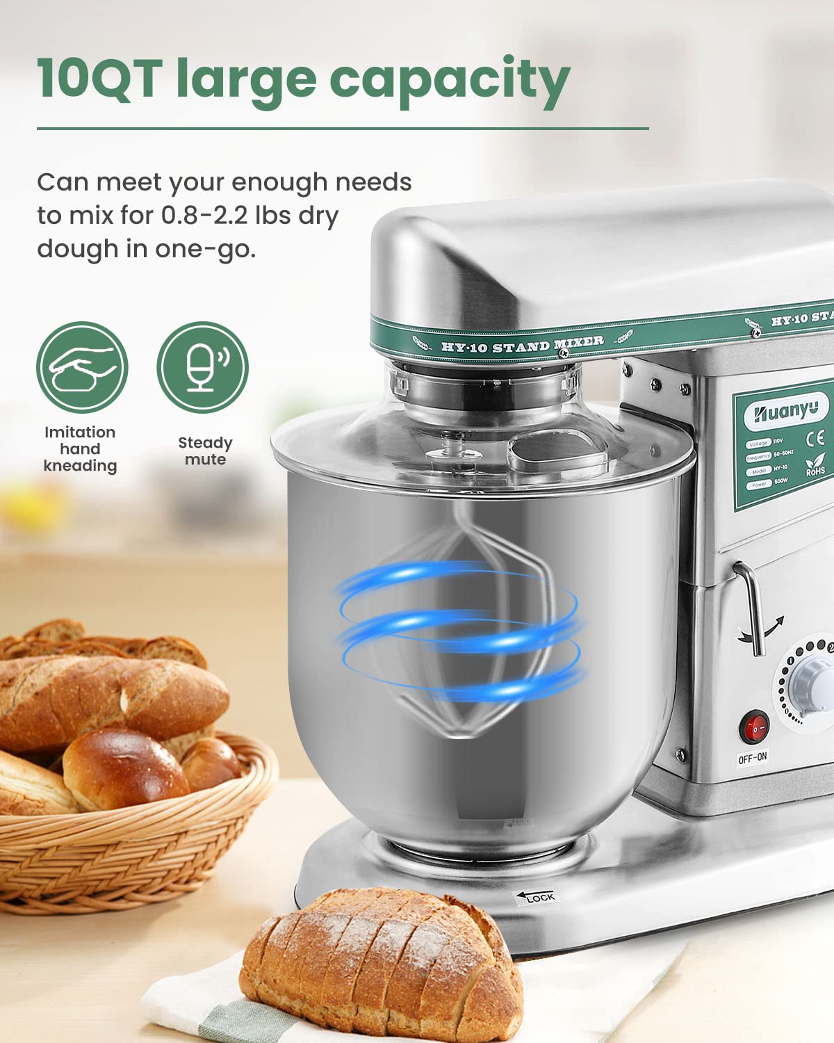 Huanyu 10QT 500W Commercial Stand Mixer - Heavy Duty Electric Dough Blender with Stainless Steel Bowl, Dough Hook, Flat Beater & Whisk - 3-in-1 Multifunctional Food Mixing Machine for Baking, Cooking & Pastry Making (110V) - Perfect for Bakeries, Restaurants & Home Kitchens