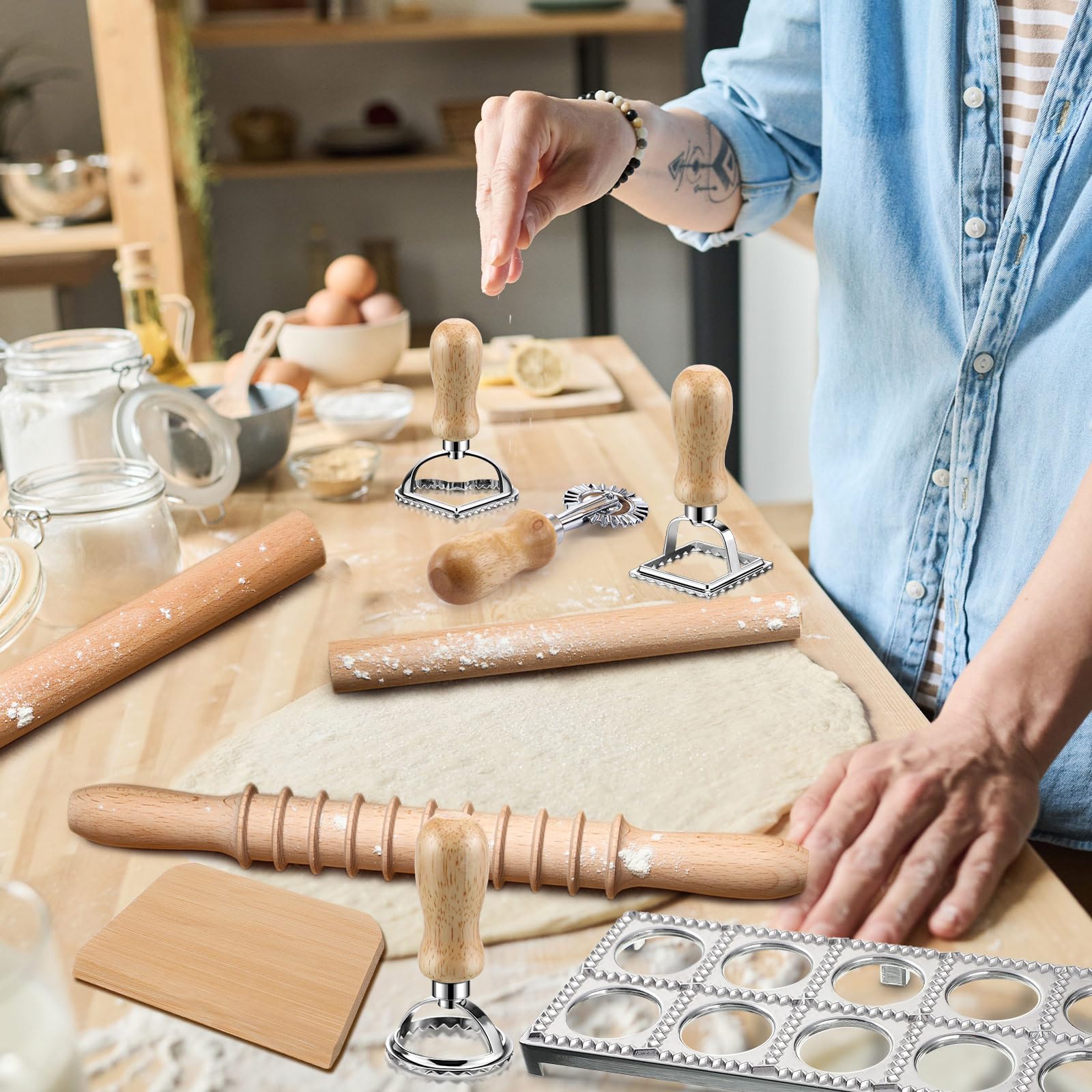 12-Piece Ravioli Mold Set with Press, Scraper, Cutter & Pierogi Maker - Includes Rolling Pin, Gnocchi Board, Wooden Roller & 4 Stamp Cutters for Homemade Pasta, Dumplings - Perfect for Italian Cooking, Family Meal Prep & Holiday Gatherings