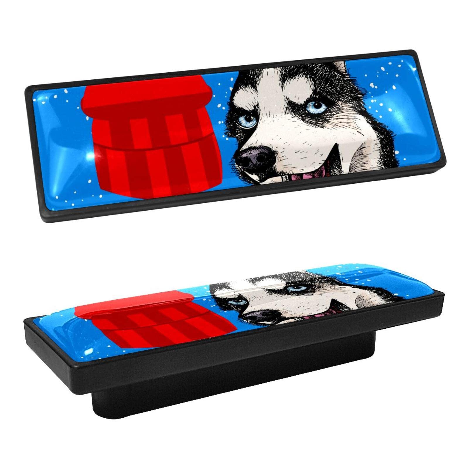 4 Pack Black Rectangle Handle Pulls - Kitchen Cabinet Knobs & Dresser Drawer Handles with Funny Husky Dog Christmas Pattern - Perfect for Home Decor, DIY Furniture Upgrade & Holiday Gift Giving