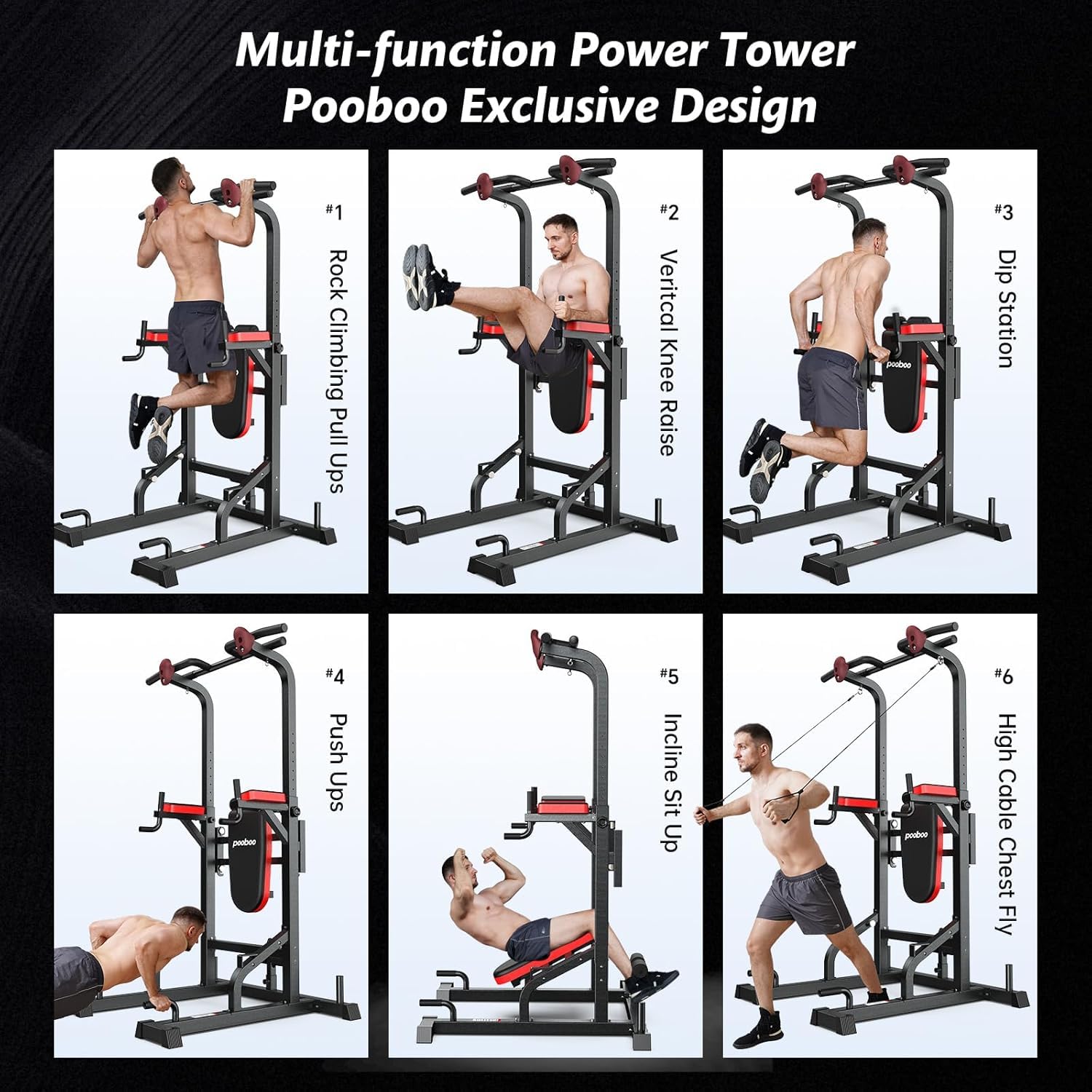 Pooboo Adjustable Power Tower Dip Station - Pull Up Bar Stand for Home Gym, Strength Training Equipment for Full Body Workout - Perfect for CrossFit, Calisthenics & Home Fitness Training
