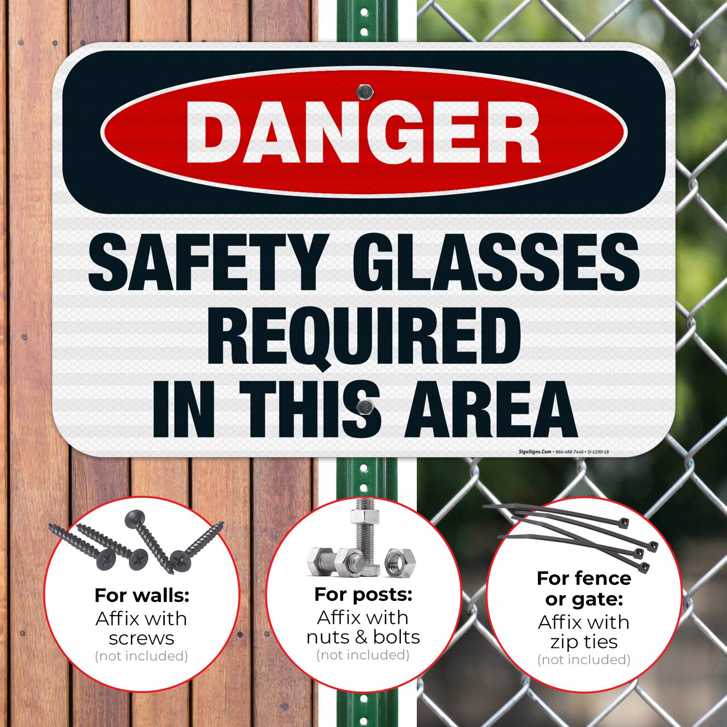 Danger Safety Glasses Required in This Area Sign | OSHA Compliant 12x18 Inch Reflective Aluminum Sign | 3M EGP .063 Fade-Resistant for Indoor & Outdoor Use | Made in USA | Workplace Safety & Construction Site Warning Sign